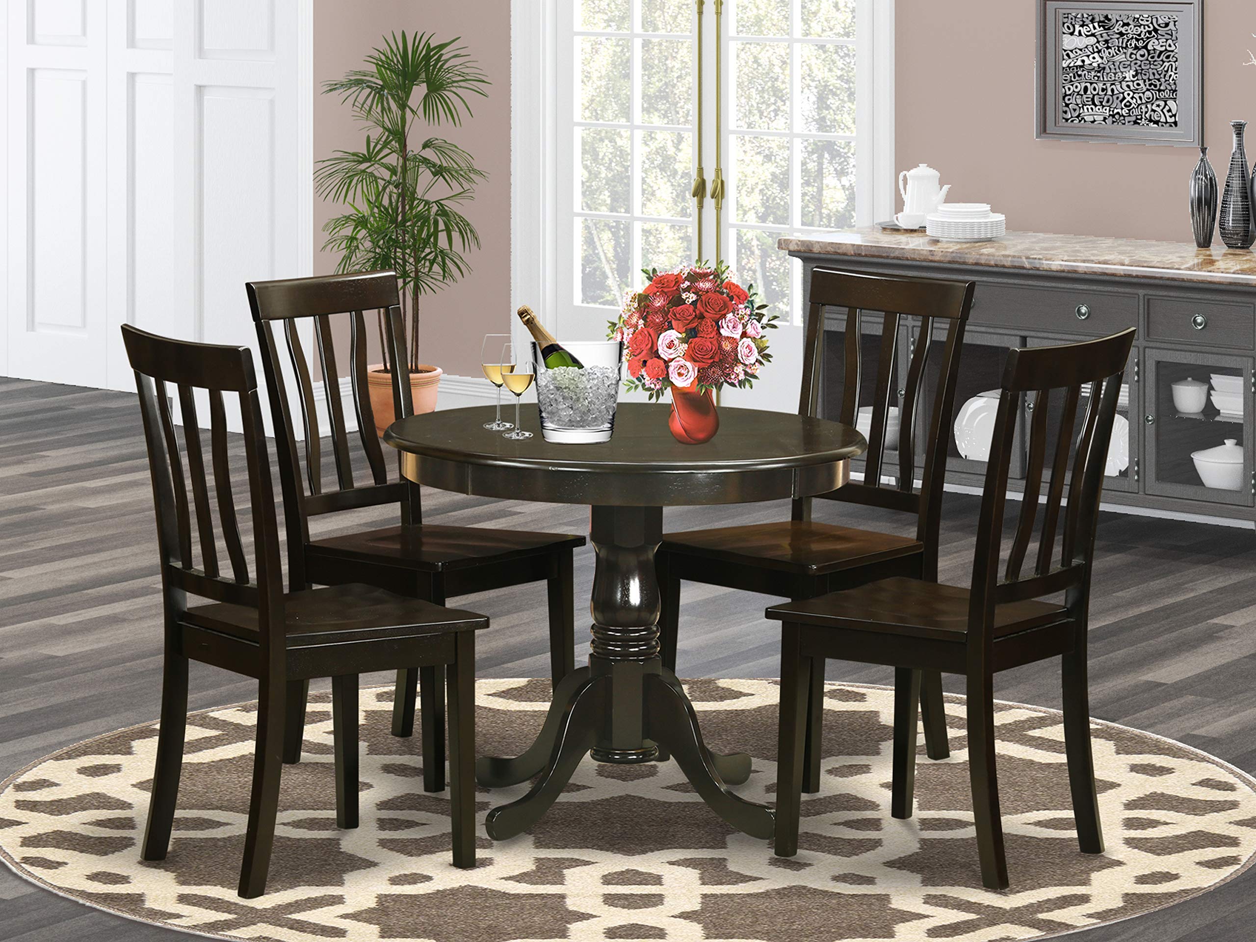 East West Furniture ANTI5-CAP-W 5-Piece Round Dining Table Set with Pedestal Base & 4 Chairs, 36x36 Inch Cappuccino - Perfect for Small Kitchens, Breakfast Nooks & Cozy Apartments
