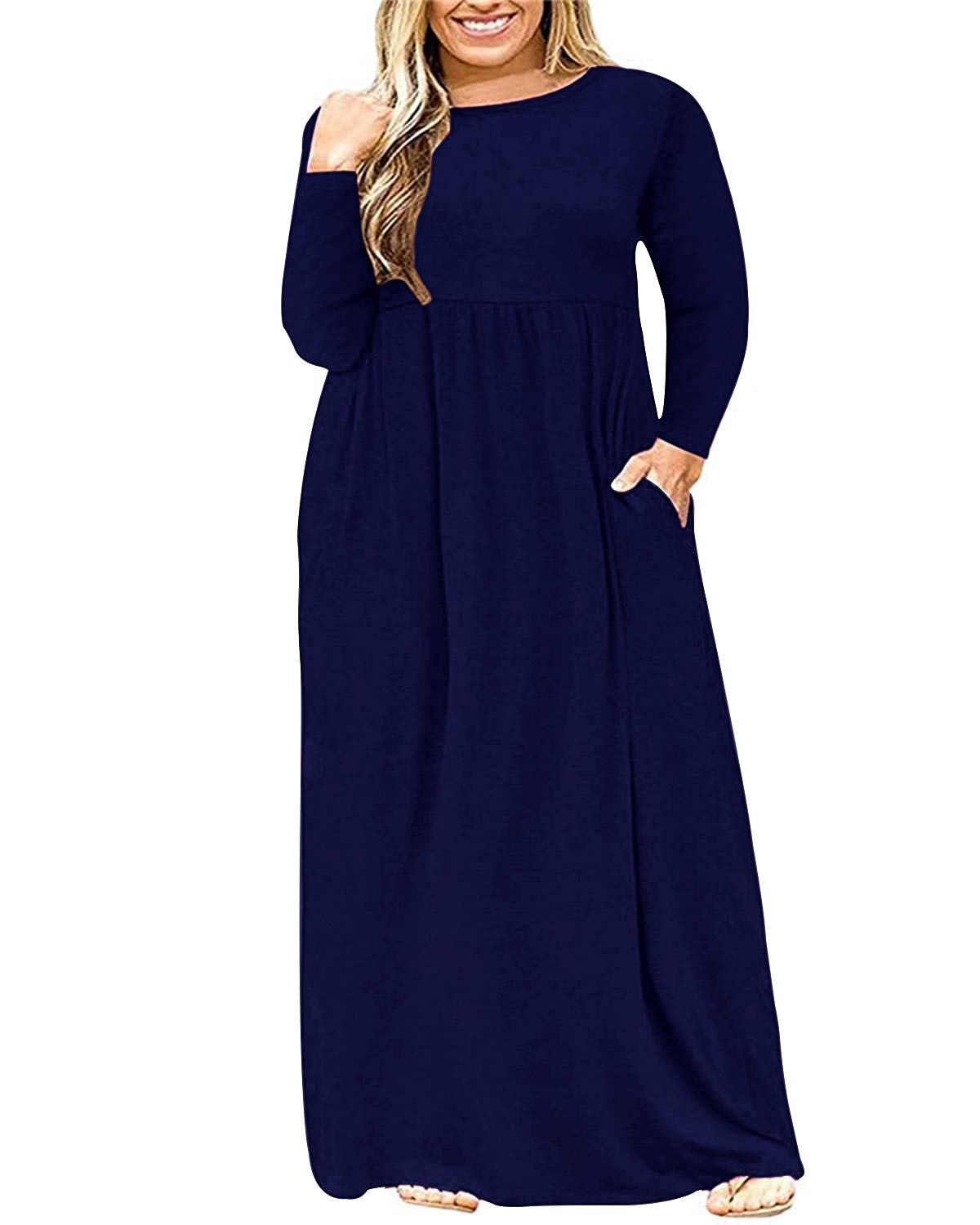 KARALIN Plus Size Long Sleeve Maxi Dress for Women - Flowy Loose Fit Casual Plain Dress with Pockets | Perfect for Everyday Wear, Office, Date Night & Special Occasions