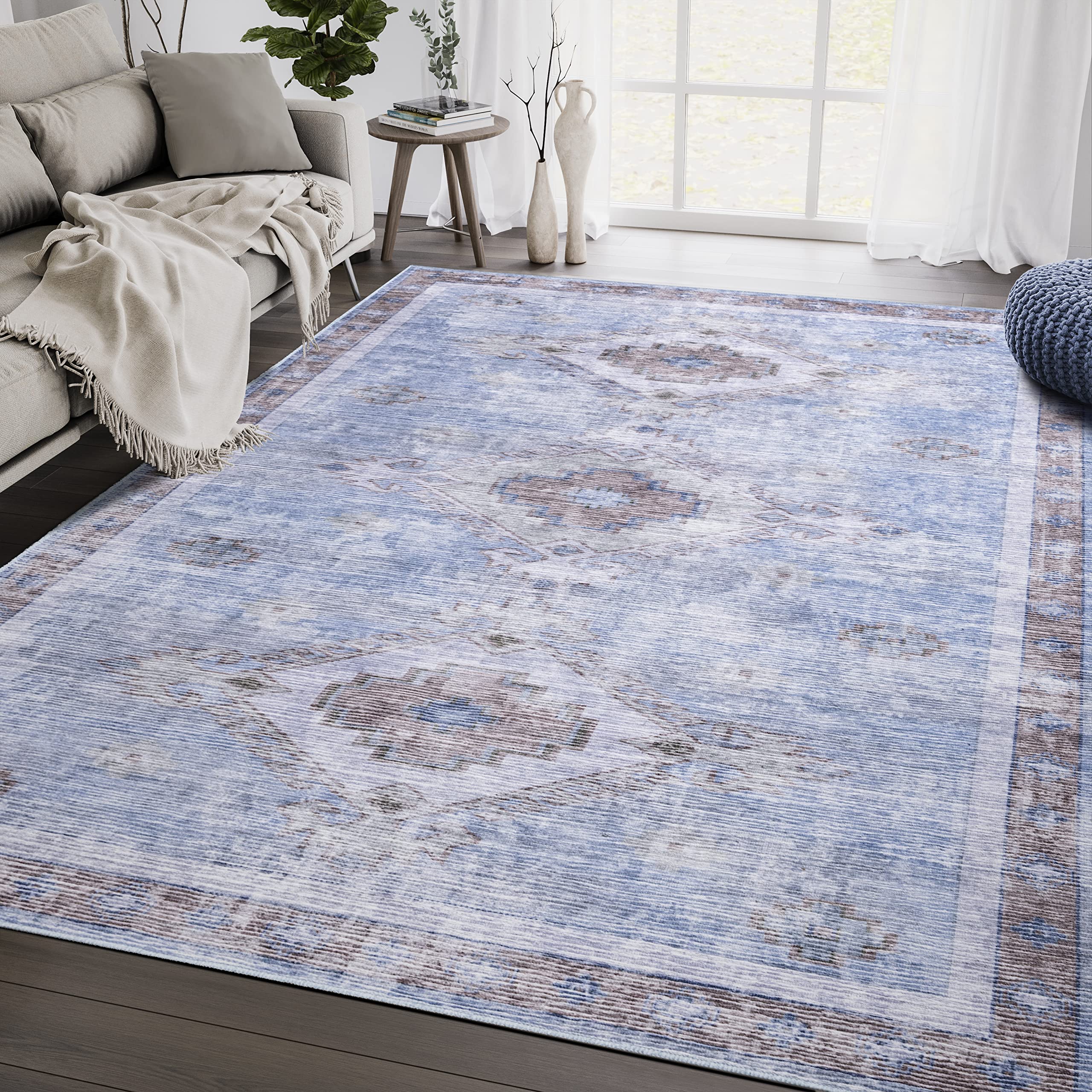 Abani Vintage Style Machine Washable 8' x 10' Rectangular Area Rug - Stain Resistant Non-Shedding Polypropylene Rug in Blue Beige for Living Room, Bedroom & Office Decor