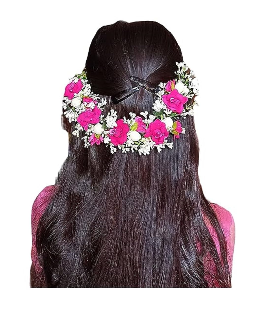 Elegant Pink Rose Flower Bridal Wedding Hair Gajra | Lower Juda/Gajra Hair Accessories for Women & Girls | Perfect for Indian Weddings, Mehendi & Sangeet Ceremonies