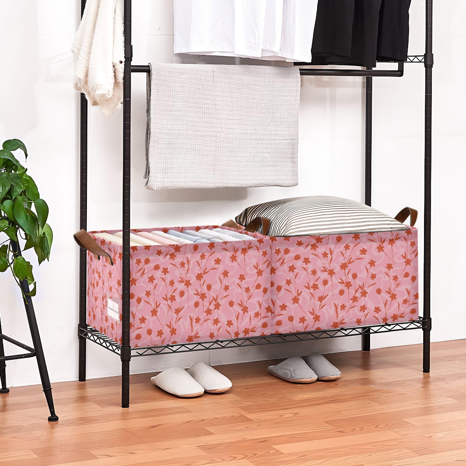 Red Floret Collapsible Fabric Storage Baskets with Handles - 2 Pack Foldable Home Organizer Boxes for Makeup, Books, Toys & Shelves | Perfect for Living Room, Bedroom & Office Organization