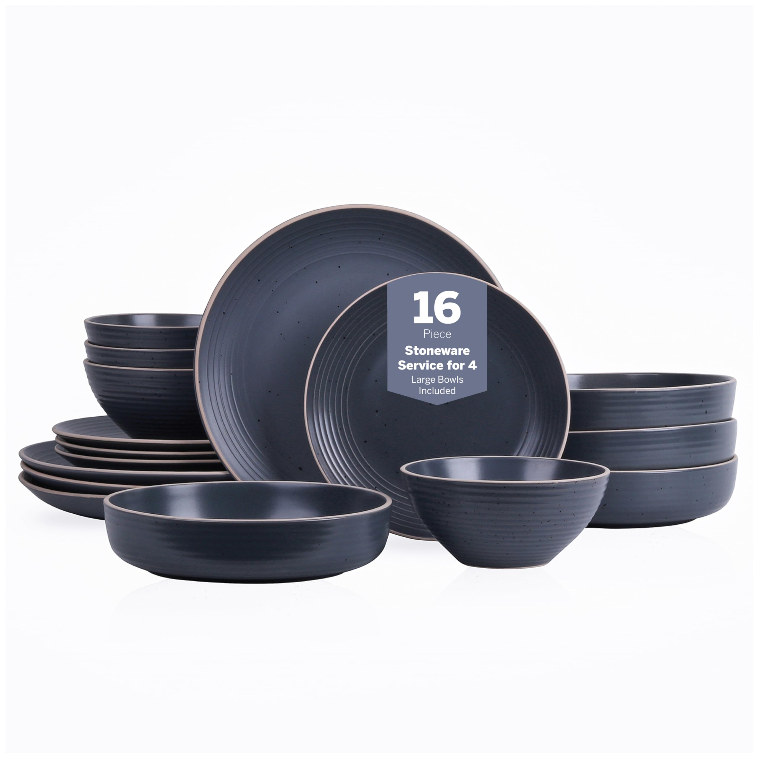 Stone Lain Lauren Modern Stoneware 16-Piece Round Dinnerware Set - 4 Plates & Bowls in Charcoal | Elegant Tableware for Family Dinners, Entertaining Guests & Restaurant-Style Dining