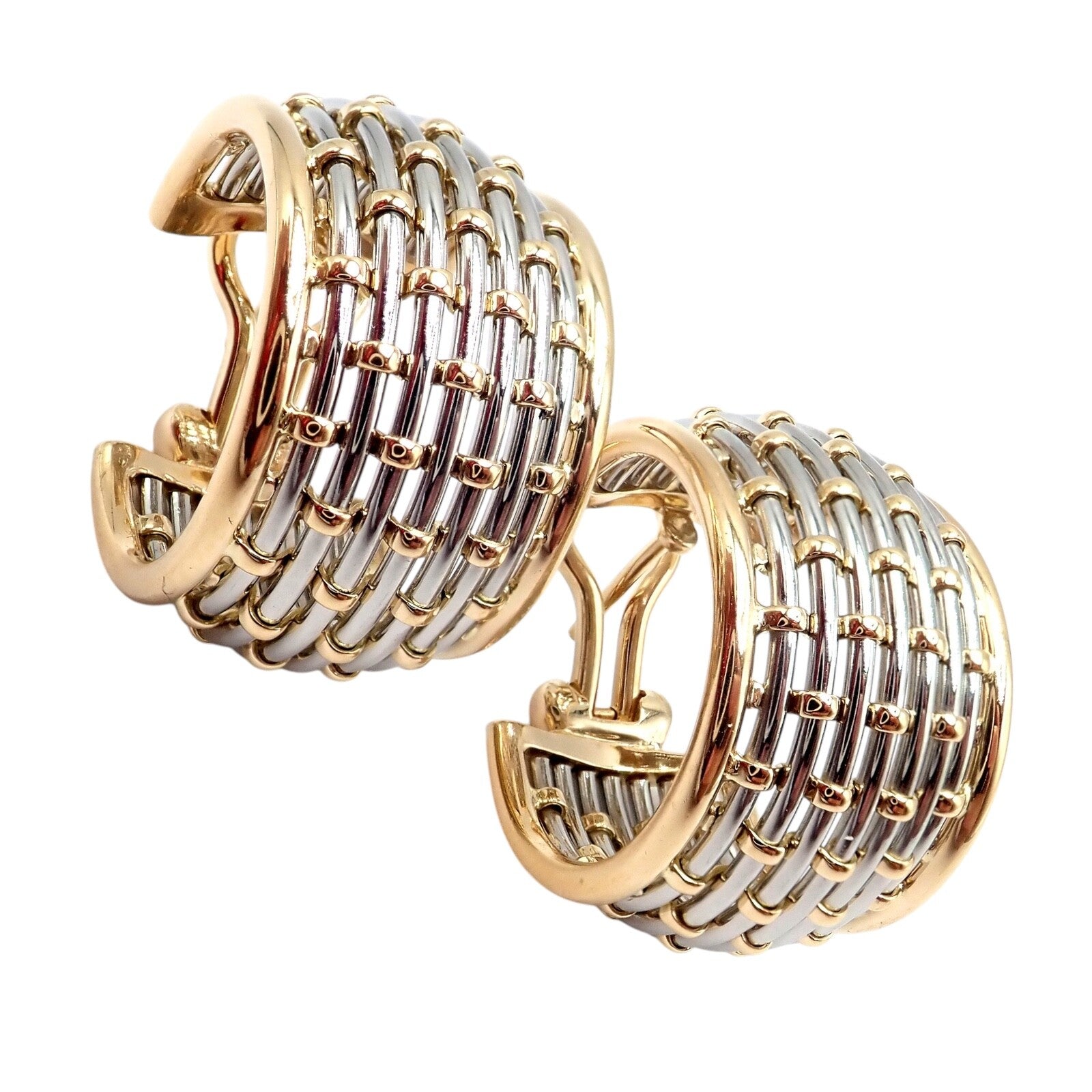 Authentic Cartier 18K Yellow Gold & Stainless Steel Basket Weave Ring and Earrings Set - Luxury Jewelry for Weddings, Anniversaries & Special Occasions