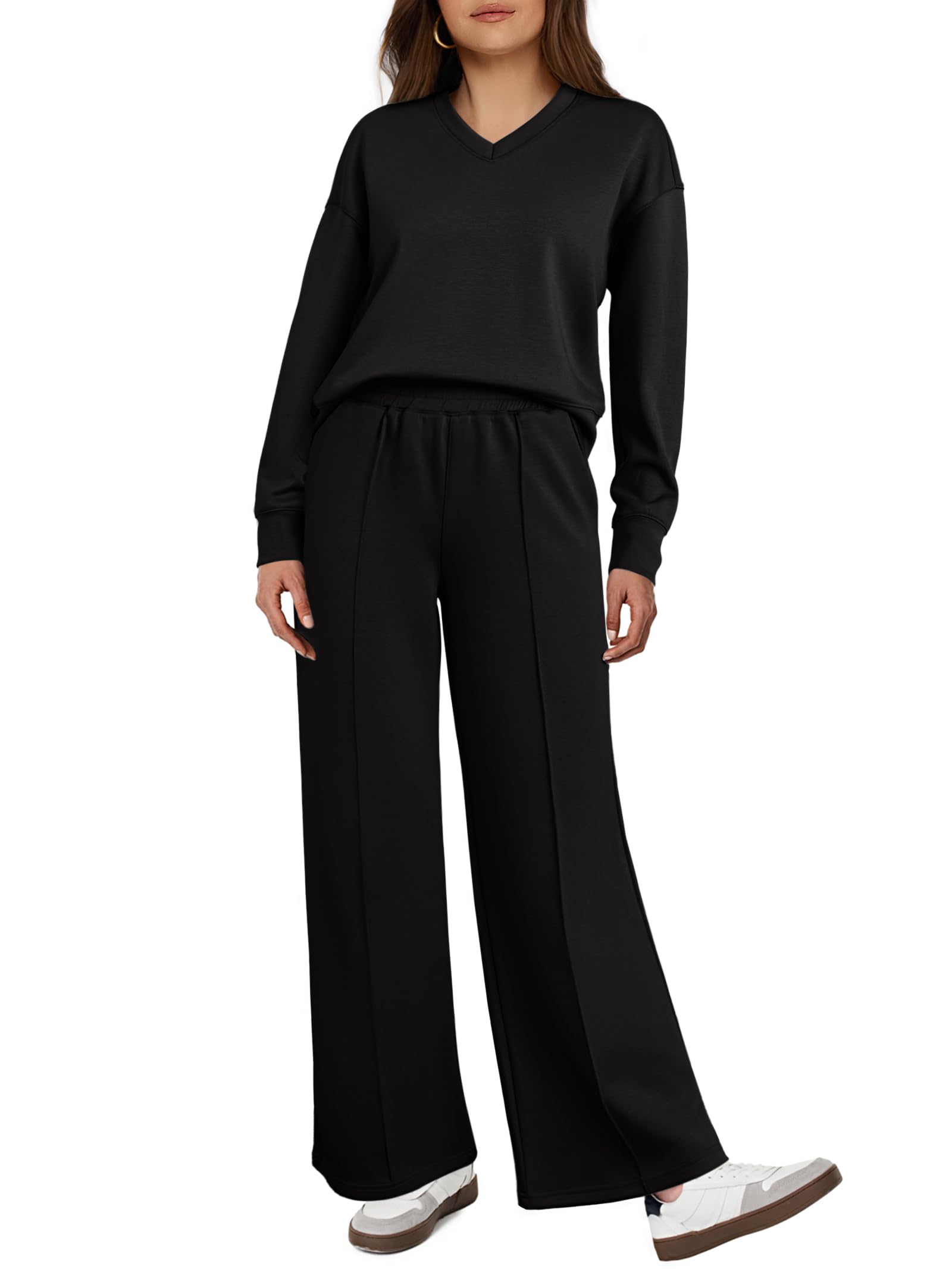 Glamaker Women's 2 Piece Sweatsuit Set - Long Sleeve Pullover Top & Wide Leg Lounge Pants - Casual Fall Outfit for Home, Travel & Yoga