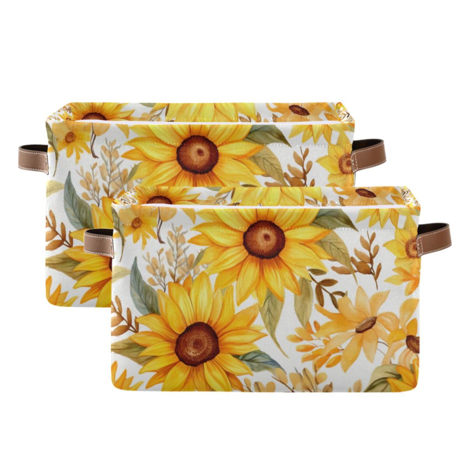 Vintage Sunflower Storage Baskets - Foldable Canvas Fabric Organizer Box with Handles (2 Pack) - Perfect for Home, Office, Closet & Shelf Organization - Great for Storing Clothes, Toys & Decorative Items