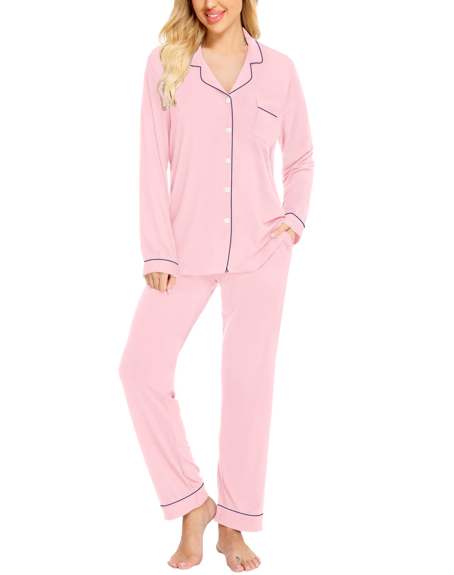 SWOMOG Women's Long Sleeve Pajama Set - Soft Cotton Button Down Sleepwear & Lounge Pjs for Nighttime Comfort, Cozy Home Wear, and Relaxing Evenings