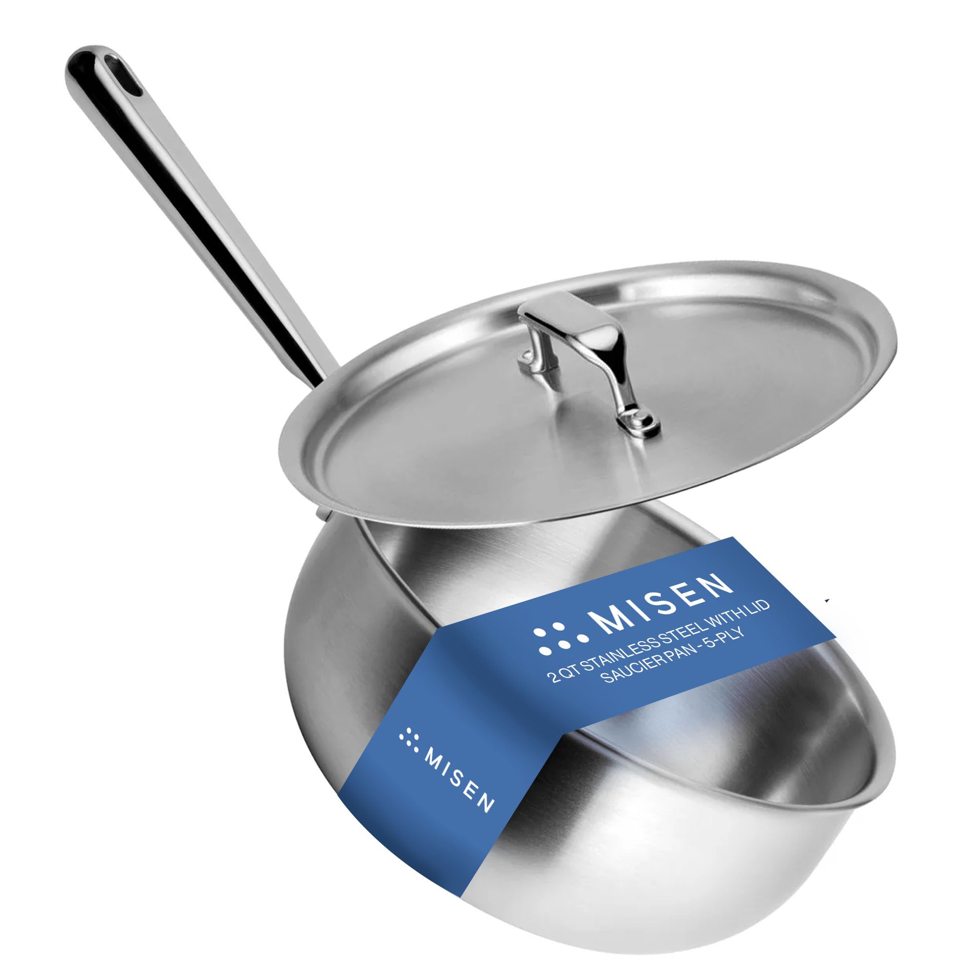 Misen 5-Ply Stainless Steel Saucier Pan with Lid - Induction Compatible 3 QT Sauce Pot with Curved Sides for Smooth Stirring - Oven Safe to 800°F - Even Heat Distribution & Ergonomic Handle - Perfect for Sauces, Soups, and Risotto Cooking