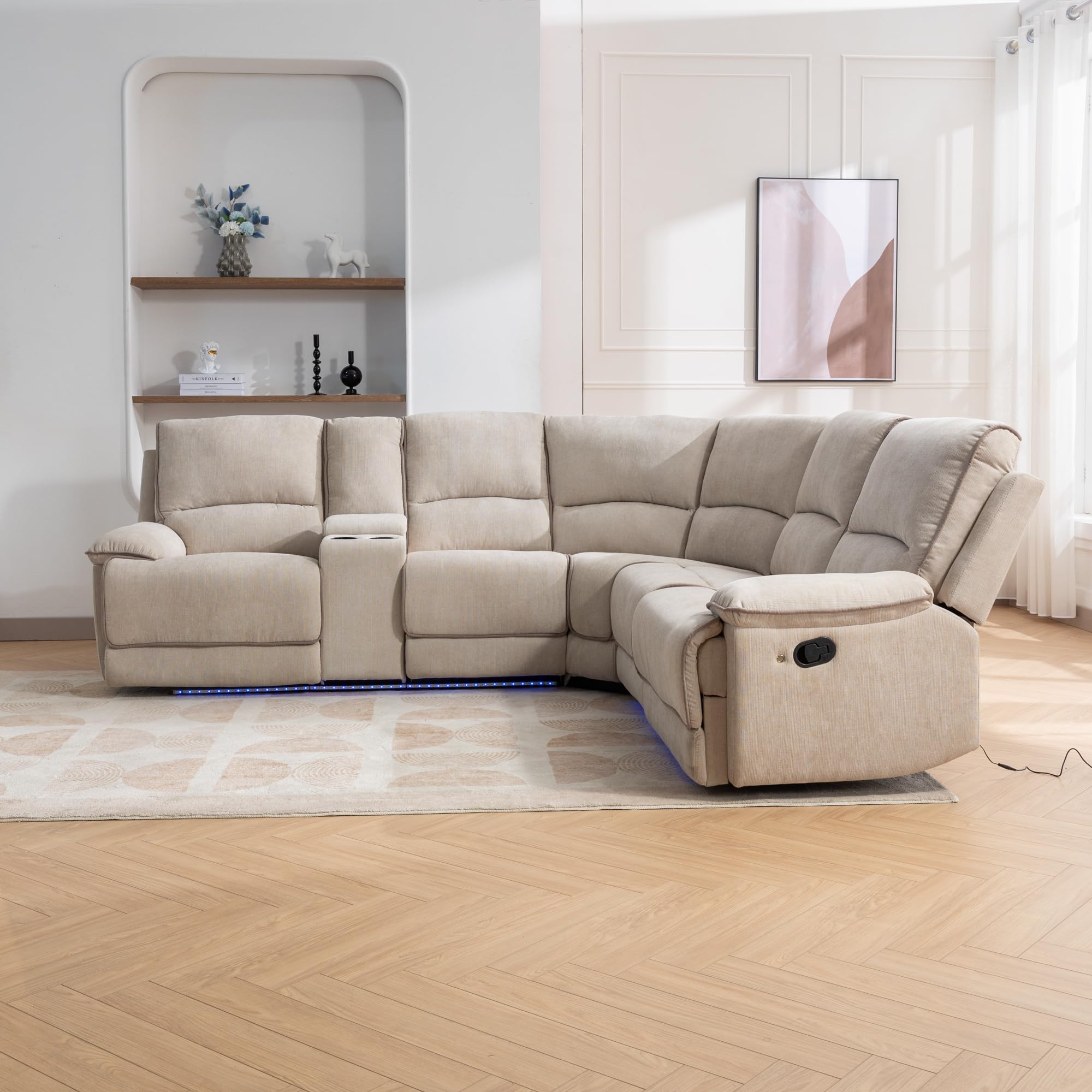 P PURLOVE Modern L-Shaped Reclining Sofa with USB Ports, Hidden Storage & LED Lights - Velvet Living Room Couch for Apartments, Bedrooms (Cream) | Perfect for Small Spaces, Movie Nights & Relaxing