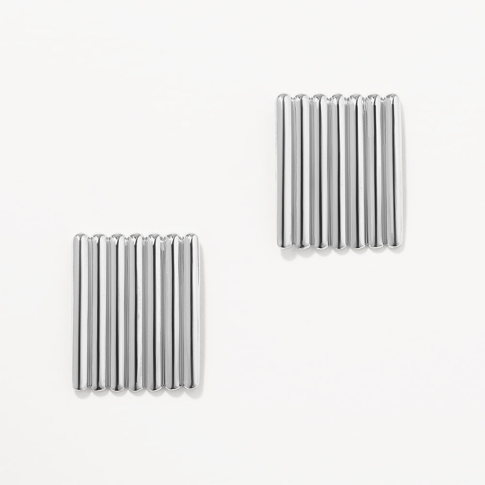 Silver Ribbed Square Stud Earrings for Women - Minimalist Geometric Jewelry for Everyday Wear & Gift Giving