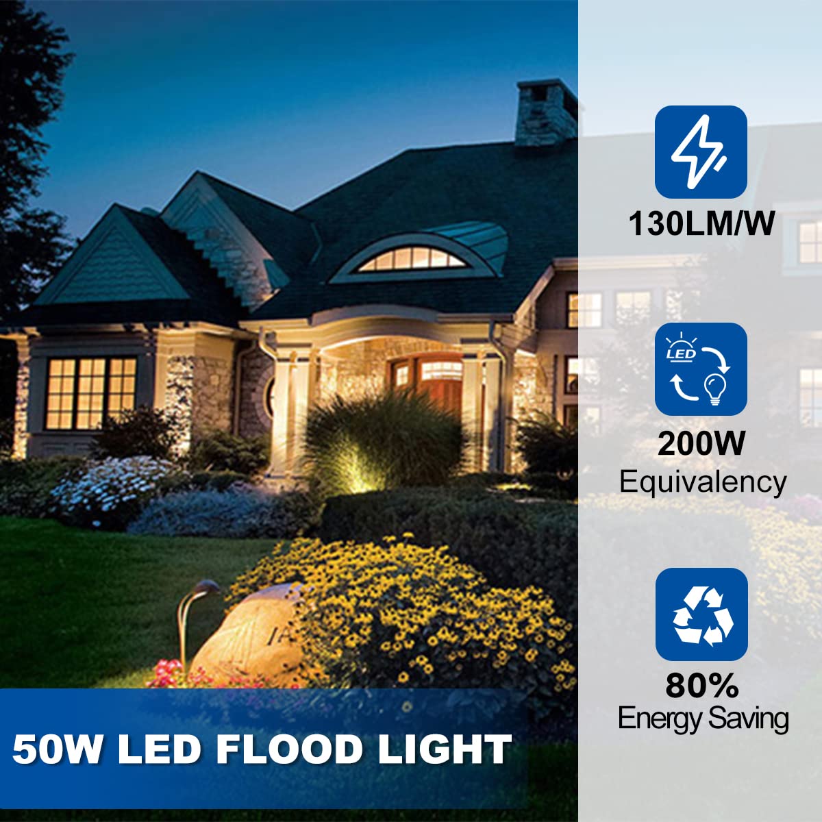 ELECALL 50W LED Flood Light Outdoor, 6500LM 5000K Daylight White, IP65 Waterproof, 130LM/W High Efficiency, 120-277V Wide Voltage, ETL Certified (2-Pack) - Perfect for Yard, Garden, Warehouse, Flag Pole, and Play Area Lighting