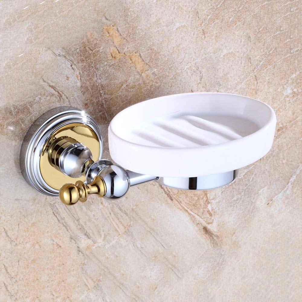 Rishx Brass Soap Holder - Wall Mounted Bathroom Soap Storage Box with Ceramic Dish, Silver Corner Soap Basket for Shower & Toilet Organization | Perfect for Small Spaces & Luxury Bathroom Decor