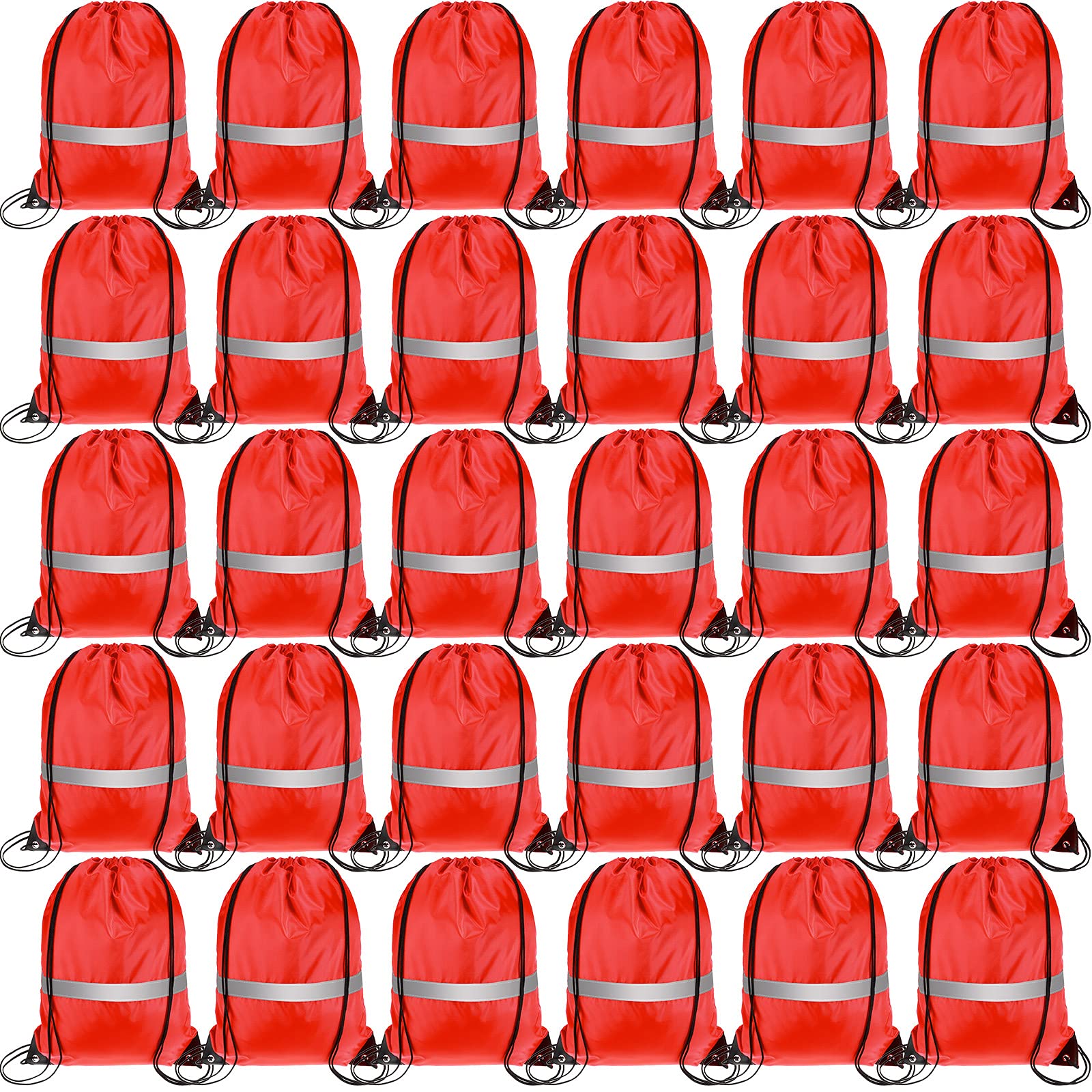 30 Pack Reflective Drawstring Backpacks - Lightweight Gym Bags for Sports, Yoga, School & Travel - Water-Resistant Cinch Sack Totes with Adjustable Straps (Red) - Perfect for Running, Hiking, Gym Workouts and Outdoor Activities