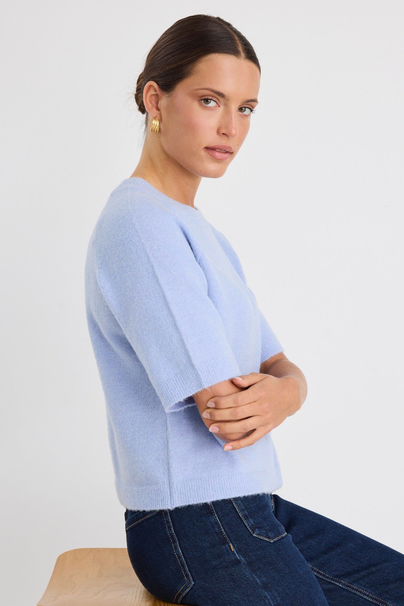 Assemble Ice Blue Alpaca Blend Raglan Knit Tee - Soft Comfortable Women's Casual Top for Everyday Wear & Layering
