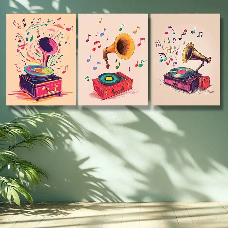 3-Piece Metal Wall Art Prints - Ready to Hang Modern Abstract Note & Record Painting Set for Living Room, Bedroom, Office Decor