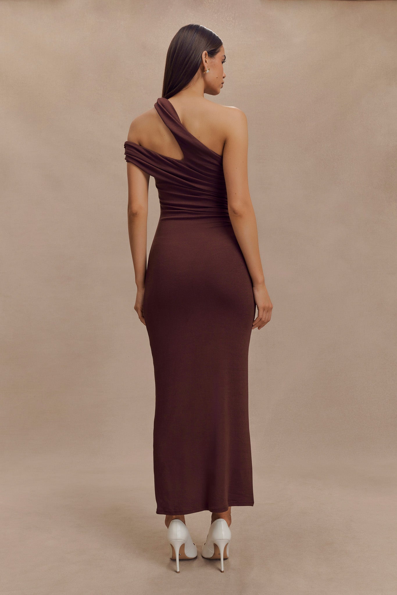 Anastasia One Shoulder Modal Midi Dress in Mahogany - Elegant Women's Formal & Party Wear for Evening Events, Weddings & Special Occasions