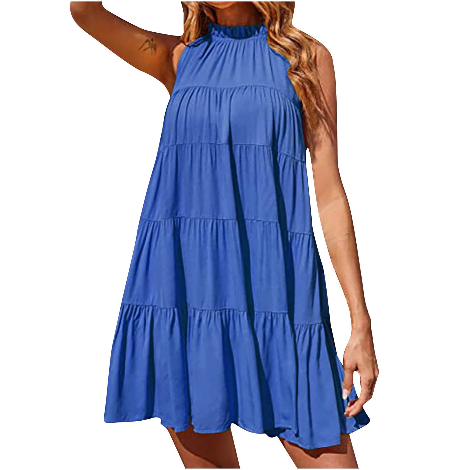 Maqroz Women's Summer Halter Mini Dress - Round Neck, Sleeveless Ruffled Pleated Swing Dress for Casual Wear | Perfect for Beach Outings, Picnics & Summer Parties