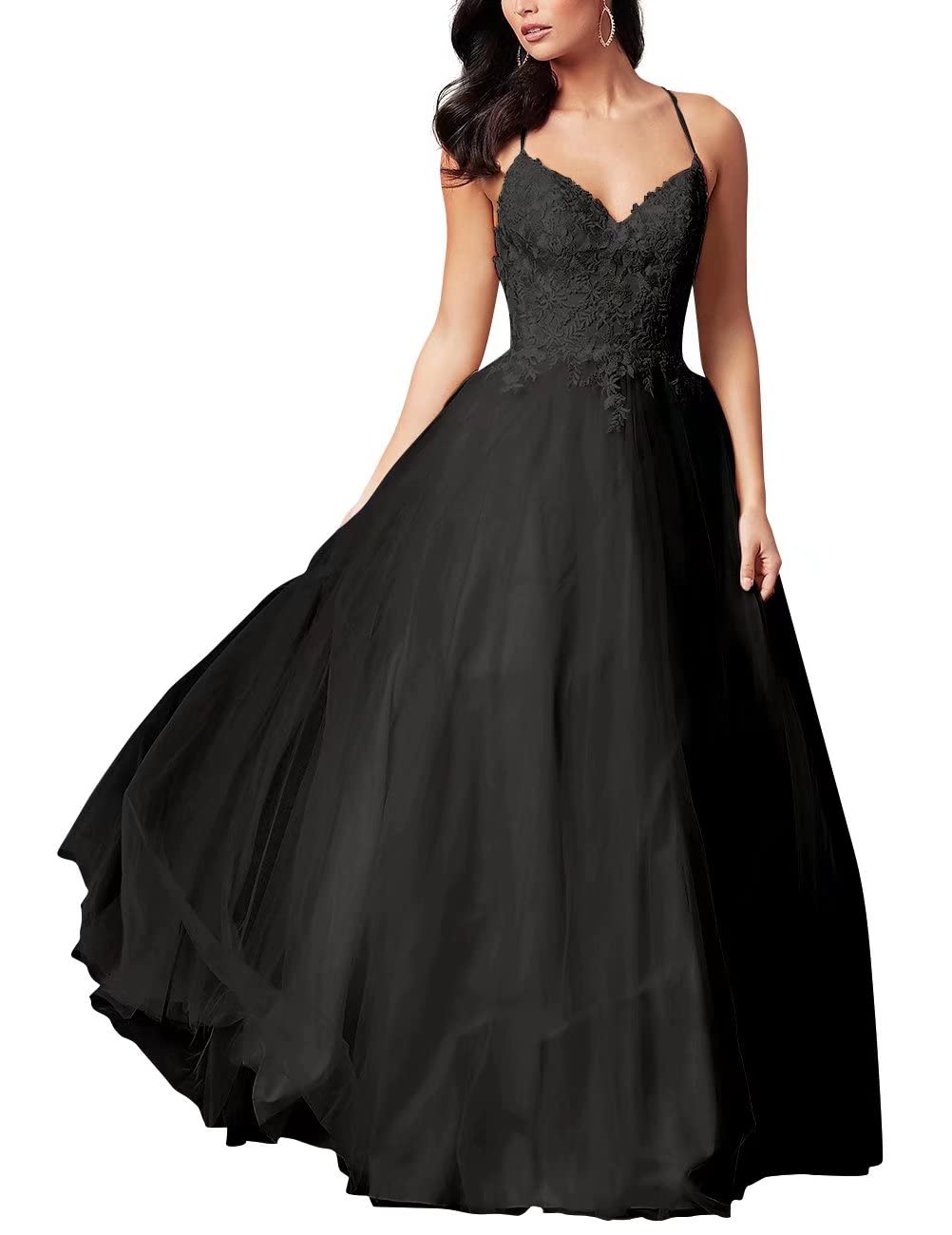 Elegant Women's Spaghetti Strap Tulle Prom Dress with Lace Applique - Long Ball Gown Formal Evening Dress for Homecoming, Wedding, and Special Occasions