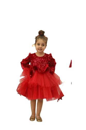 Red Velvet Christmas Baby Dress with Sequin Details - Elegant Burgundy Toddler Girl Outfit for Holiday Parties, Birthday, Wedding & Special Occasions