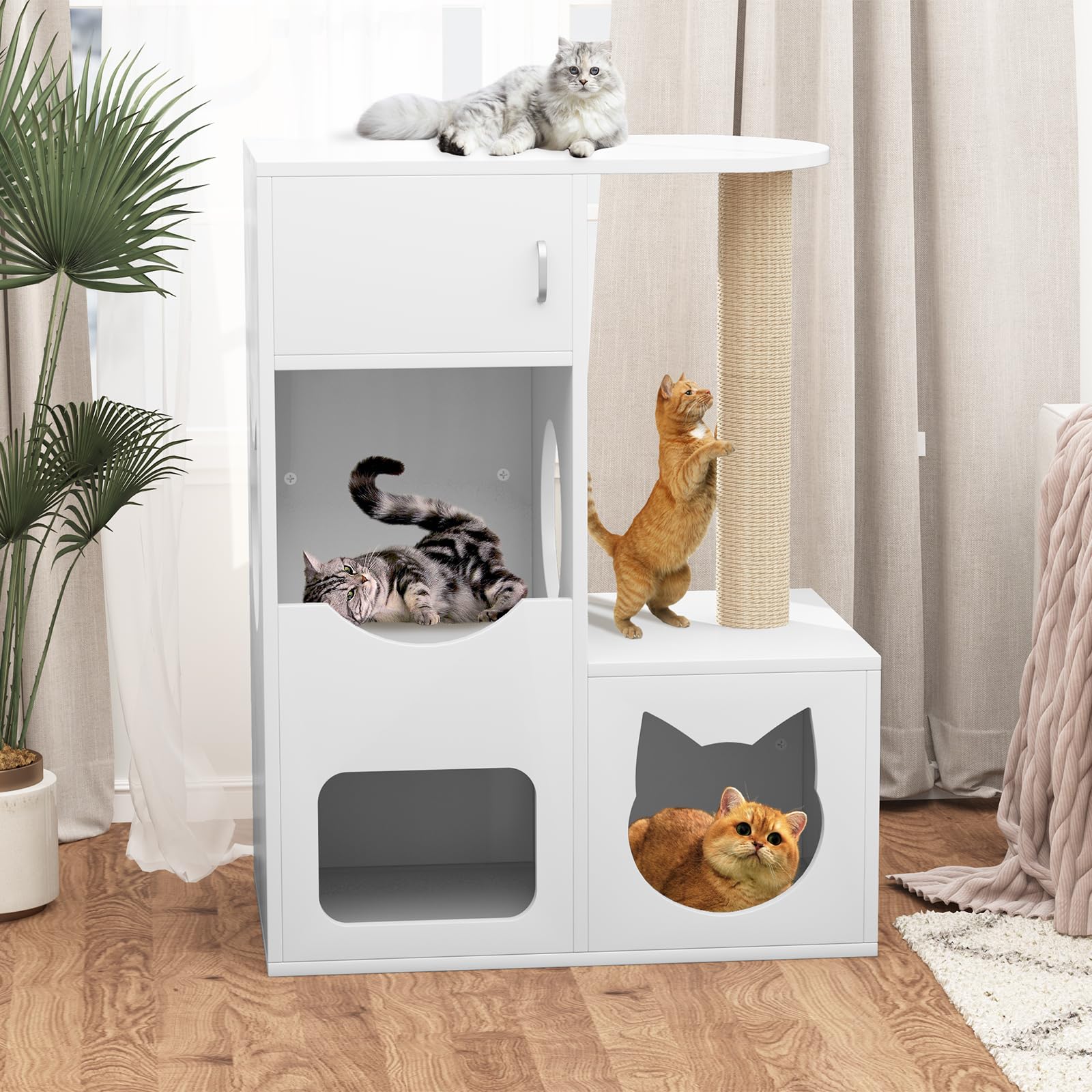 White Wooden Cat House with Scratching Post - Indoor Cat Furniture for Play & Rest
