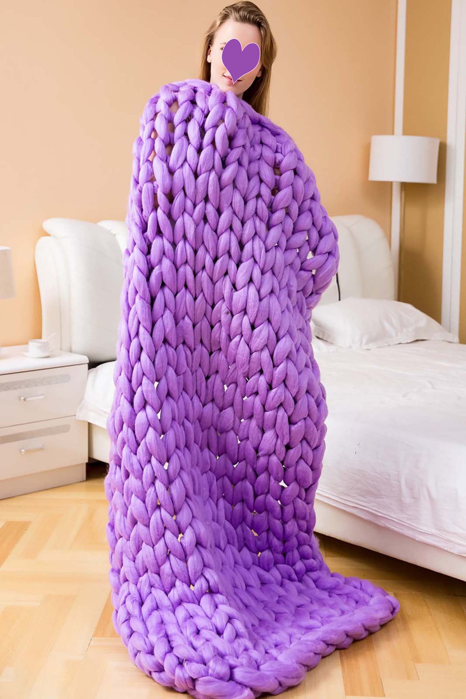 QDY Handmade Knit Throw Blanket - Ultra Soft Chunky Yarn Blanket for Sofa, Bed & Chair | Fluffy Home Decor Blanket (Purple, 150x180cm) - Perfect for Cozy Evenings, Nursery Decor & Gift Giving