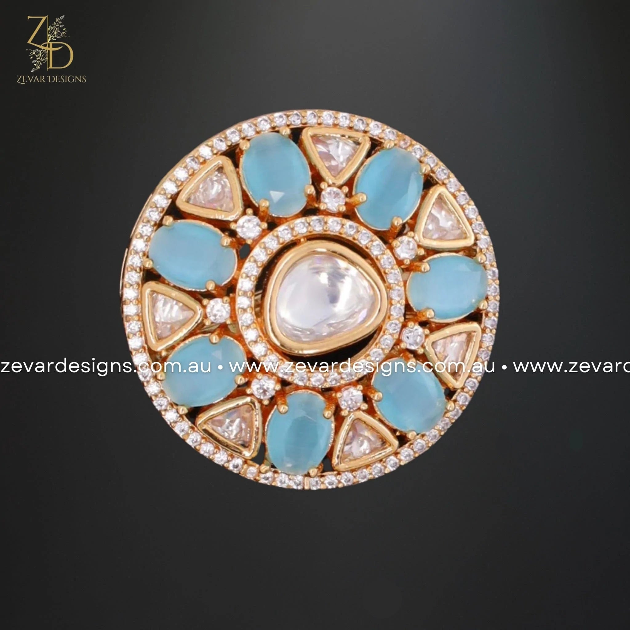 Exquisite AD Kundan Polki Ring in Powder Blue | Traditional Indian Jewelry for Weddings & Festivals | Perfect for Bridal, Party & Special Occasions