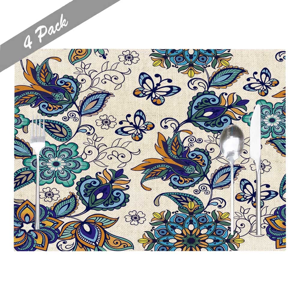 Luxury Floral Placemats Set of 4 - Premium Linen Rectangular Table Mats 18x12 Inch - Elegant Dining Room Decor for Kitchen, Dinner Party & Home Entertaining