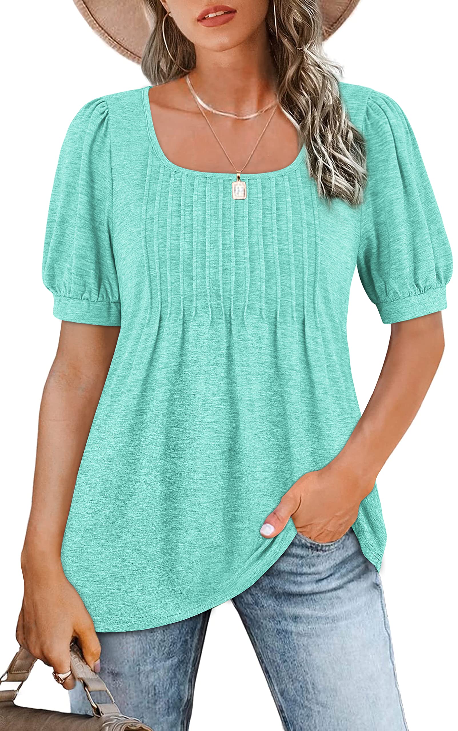 Zwurew Women's Summer Casual Puff Short Sleeve T-Shirt - Square Neck Pleated Flowy Tunic Top for Leggings (Sizes S-2XL) | Trendy Blouse for Outfits, Beach Wear & Daily Fashion