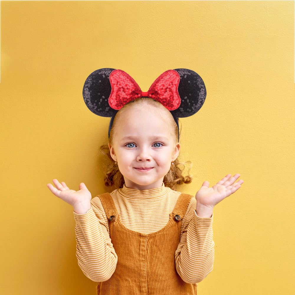 3PCS Glitter Mouse Ears Headband Set with Scrunchies & Bow Clips - Sparkly Disney Inspired Hair Accessories for Women & Girls (Red) | Perfect for Theme Parks, Costume Parties & Disneybounding Outfits