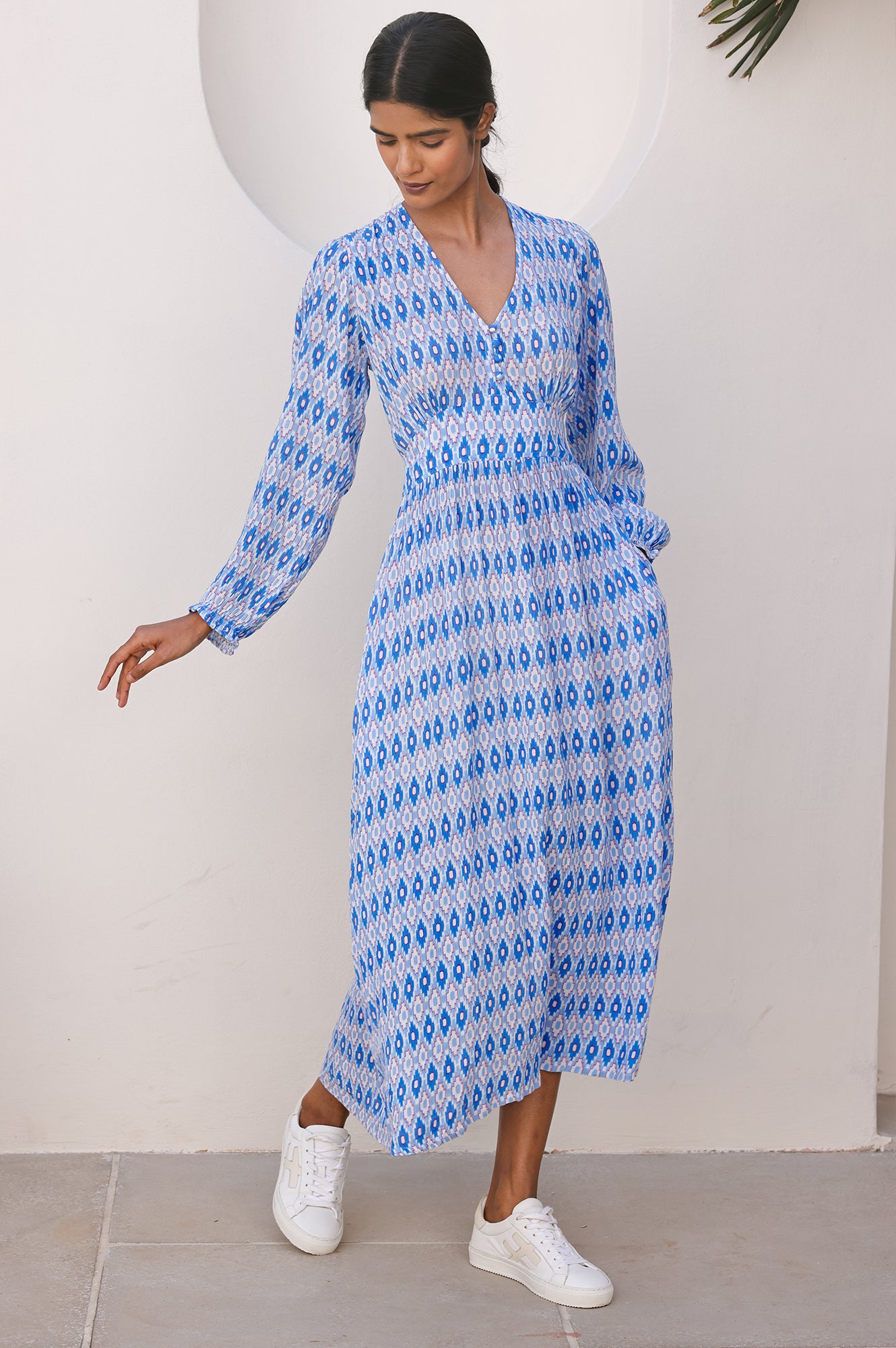 Camila Dress - Aztec Print Light Blue & Red Floral Maxi Dress for Women | Boho Chic Summer Dress for Beach, Vacation & Casual Wear