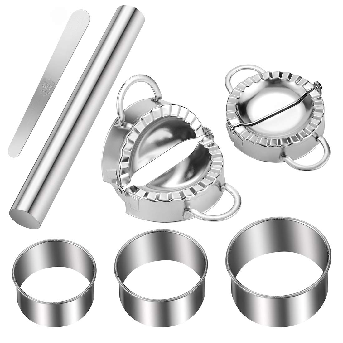 CGBOOM 7-Piece Stainless Steel Dumpling Maker Set - Dumpling Press Mold, Wrapper Maker, Filling Spoon & Rolling Pin - Perfect for Chinese Dumplings, Pies, Ravioli & Empanadas - Essential Kitchen Tool for Asian Cooking & Baking