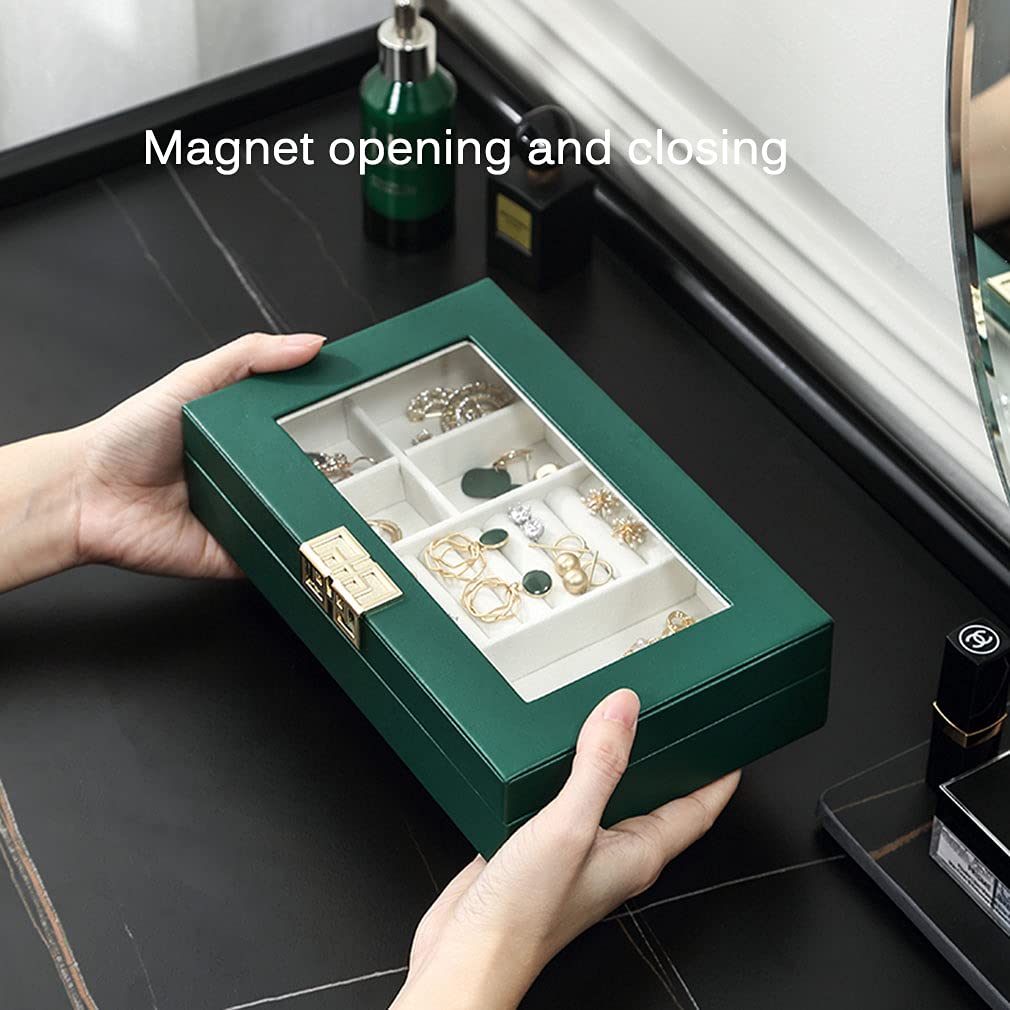 Elegant Green Leather Jewelry Box Organizer with Clear Lid - Perfect Storage for Rings, Earrings, Necklaces, Bracelets & Watches | Ideal Gift for Women & Girls | Great for Travel, Home Decor & Jewelry Display
