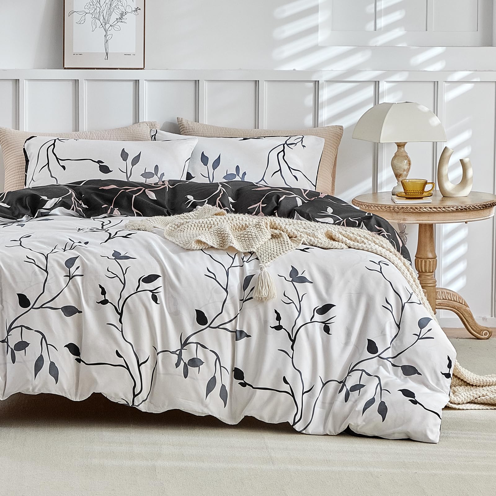 Reversible King Size Duvet Cover Set - White & Black Tree Branch Pattern, 3-Piece Microfiber Comforter Cover with Zipper Closure | Ultra Soft, Breathable Botanical Bedding for Master Bedroom, Guest Room & Dorm Decor