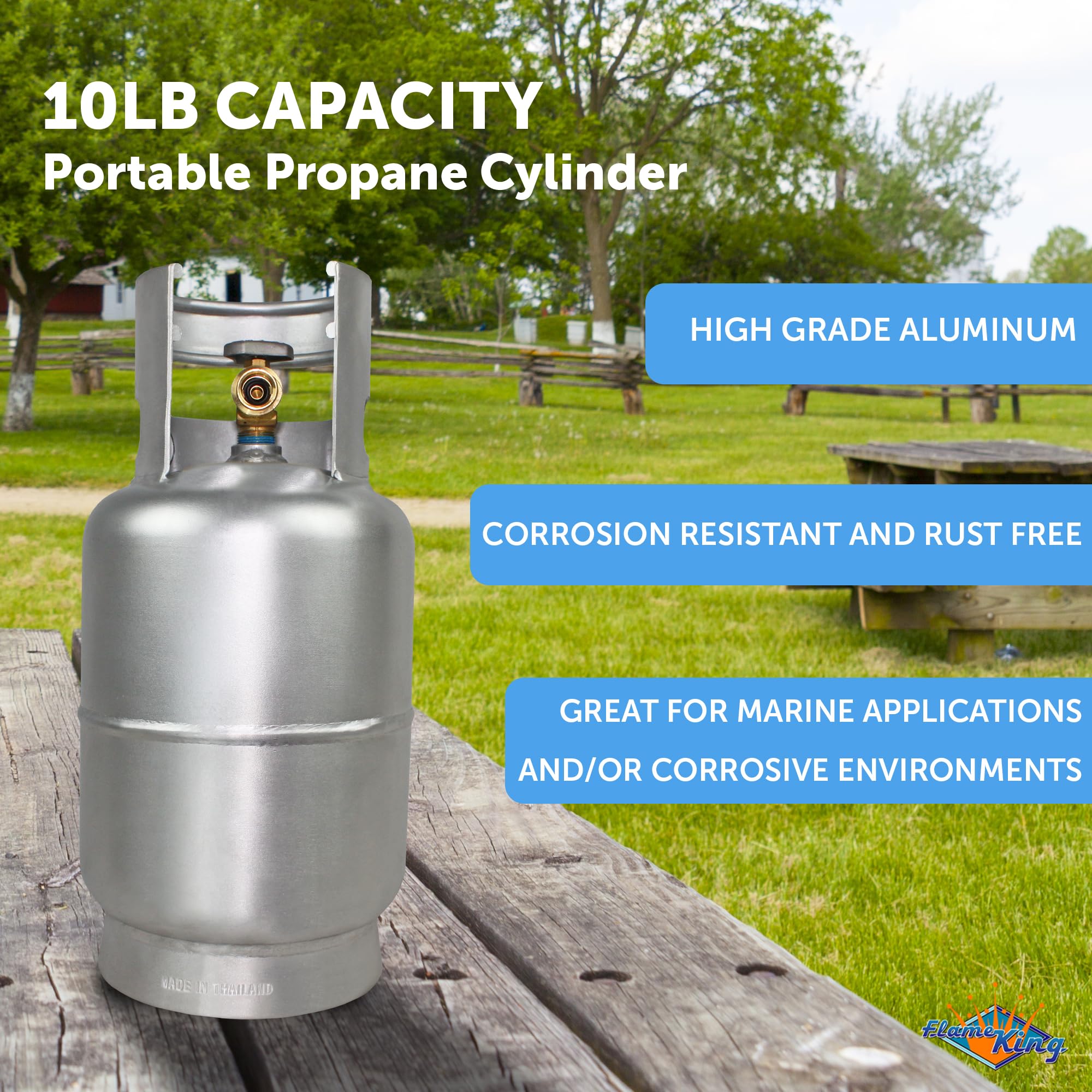 Flame King 10LB Aluminum Propane Tank with OPD Valve - Lightweight, Corrosion-Resistant, Rust-Free Propane Cylinder for Grilling, BBQs, Camping, Fishing & Outdoor Activities | Perfect for Backyard Cookouts, RV Trips, and Marine Use