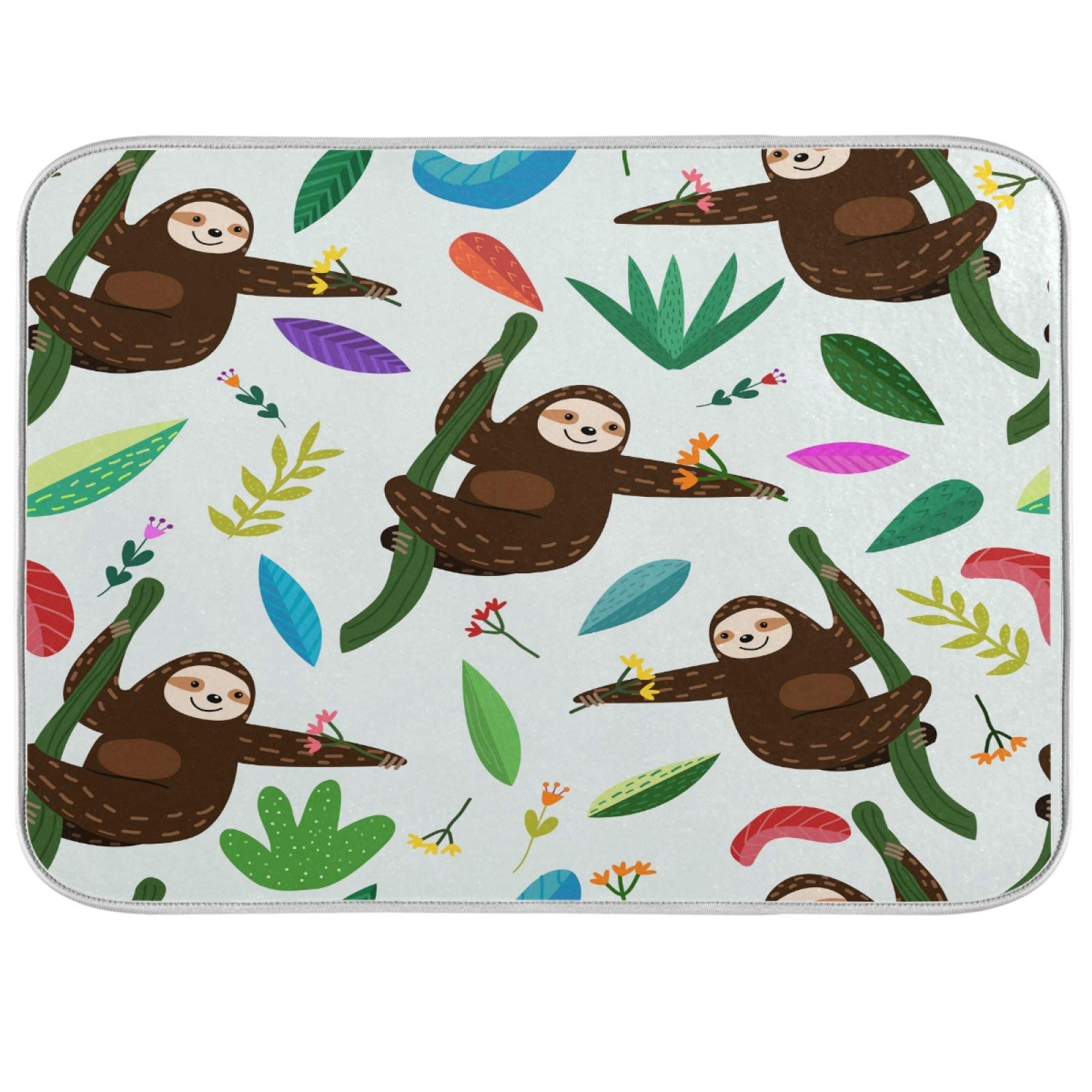 Cute Sloth Dish Drying Mat - Absorbent Kitchen Decor with Flower Leaf Design (16x18 Inch) | Non-Slip Drainer Pad for Dishes, Easy to Clean | Perfect for Kitchen Countertops, Sink Areas & Baby Bottle Drying