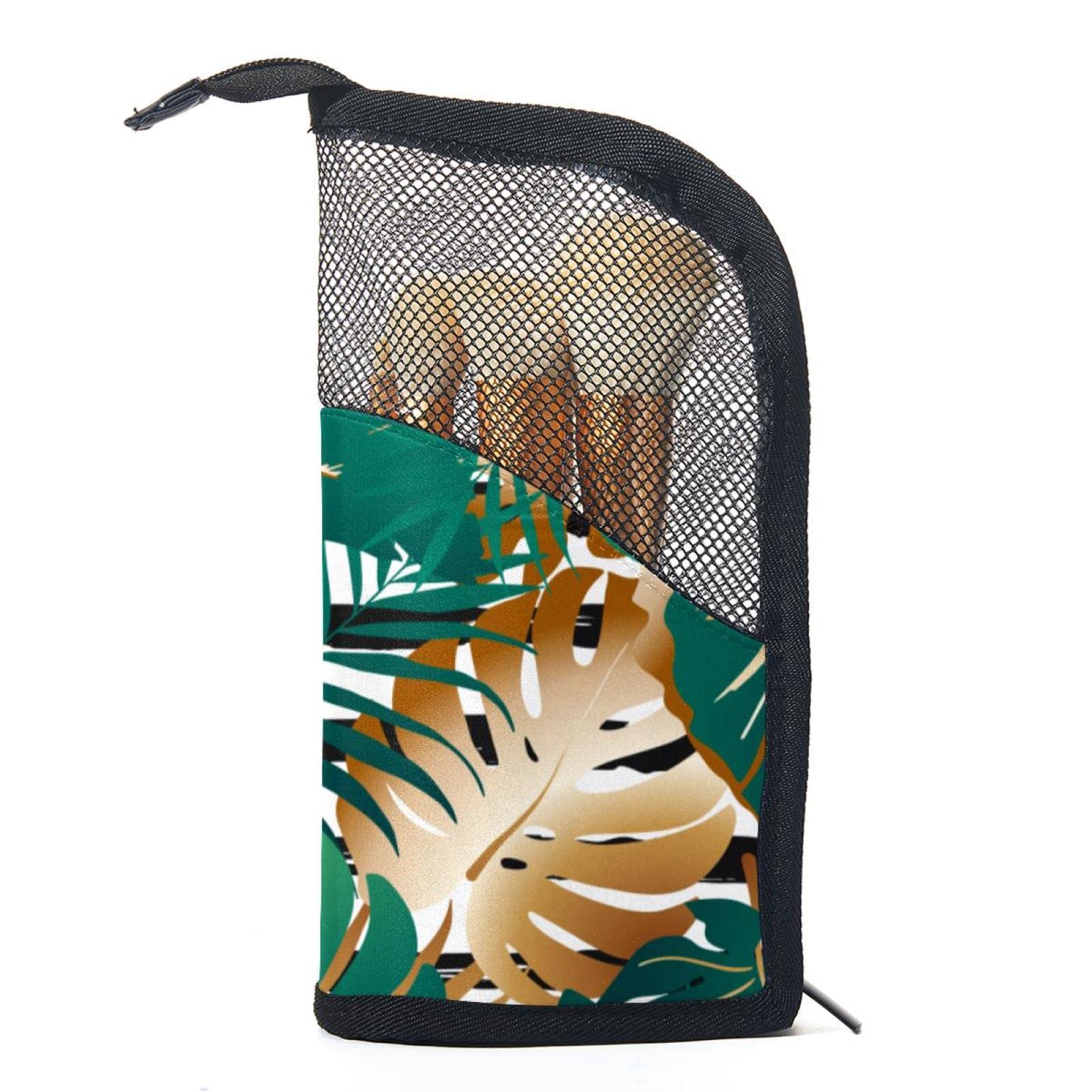 12-Piece Makeup Brush Organizer Bag with Tropical Green & Golden Palm Leaf Design - Portable Cosmetic Brush Holder Case for Travel, Home & Professional Makeup Storage