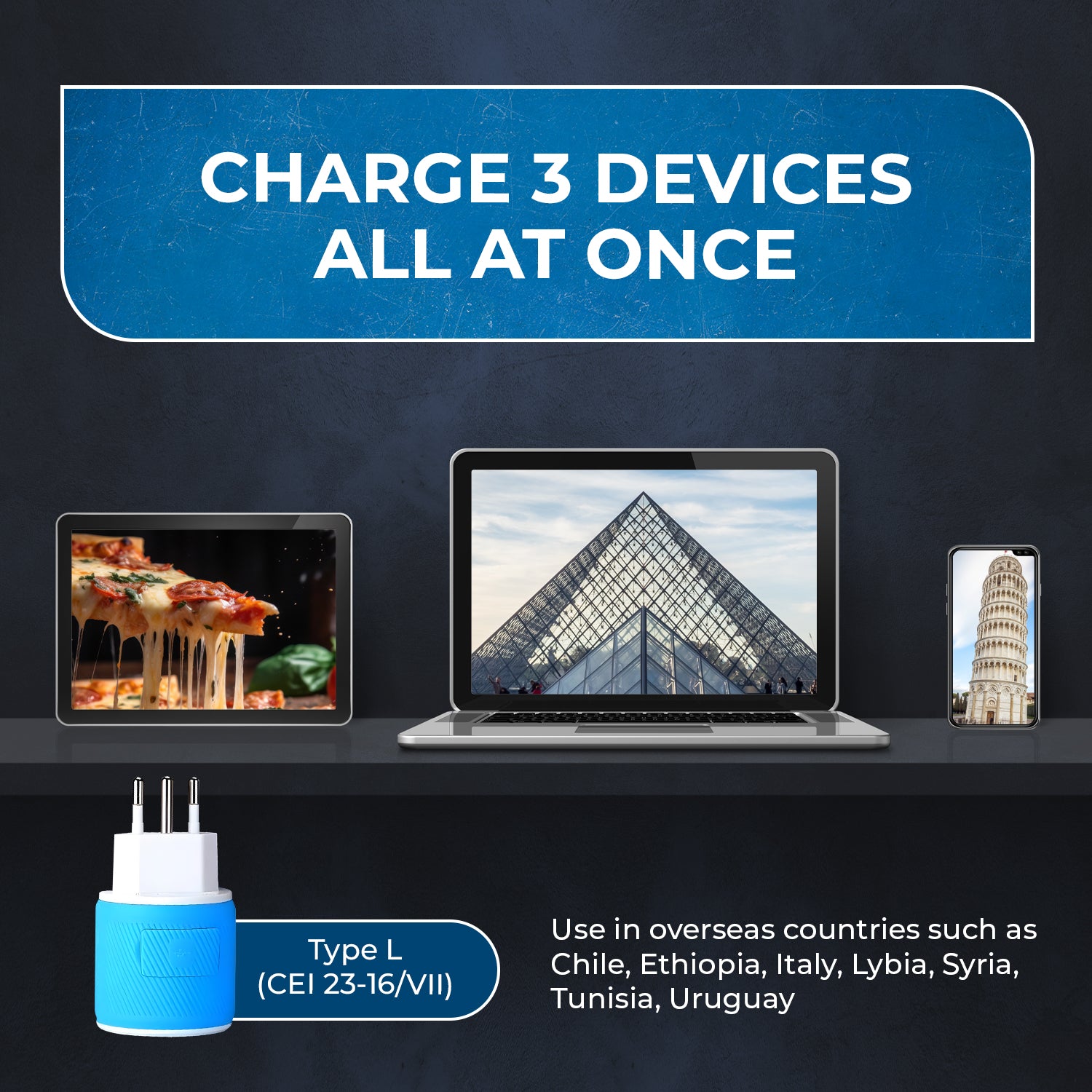 Italy & Uruguay Travel Adapter - 3-in-1 Universal Plug with 2 USB Ports, Type L Compact Design (U2U 12A) - Perfect for Charging Phones, Laptops & Devices While Traveling in Europe & South America