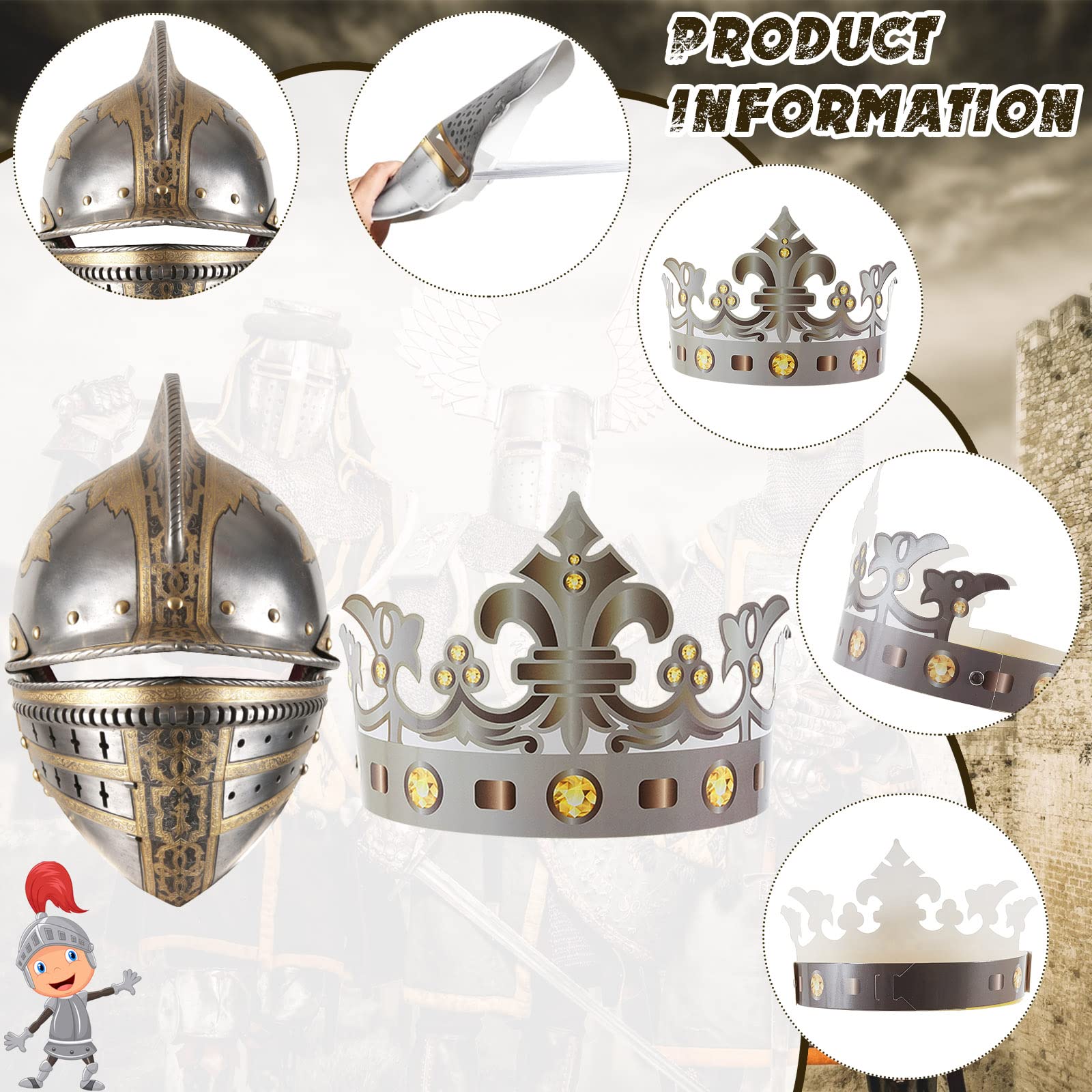 24 Pcs Medieval Knight Party Decorations - Paper Knight Masks, Helmets & Crowns for Kids - Crusader Samurai Soldier Costume Accessories - Perfect for Cosplay, Dress Up, Medieval Themed Parties & Birthday Favors
