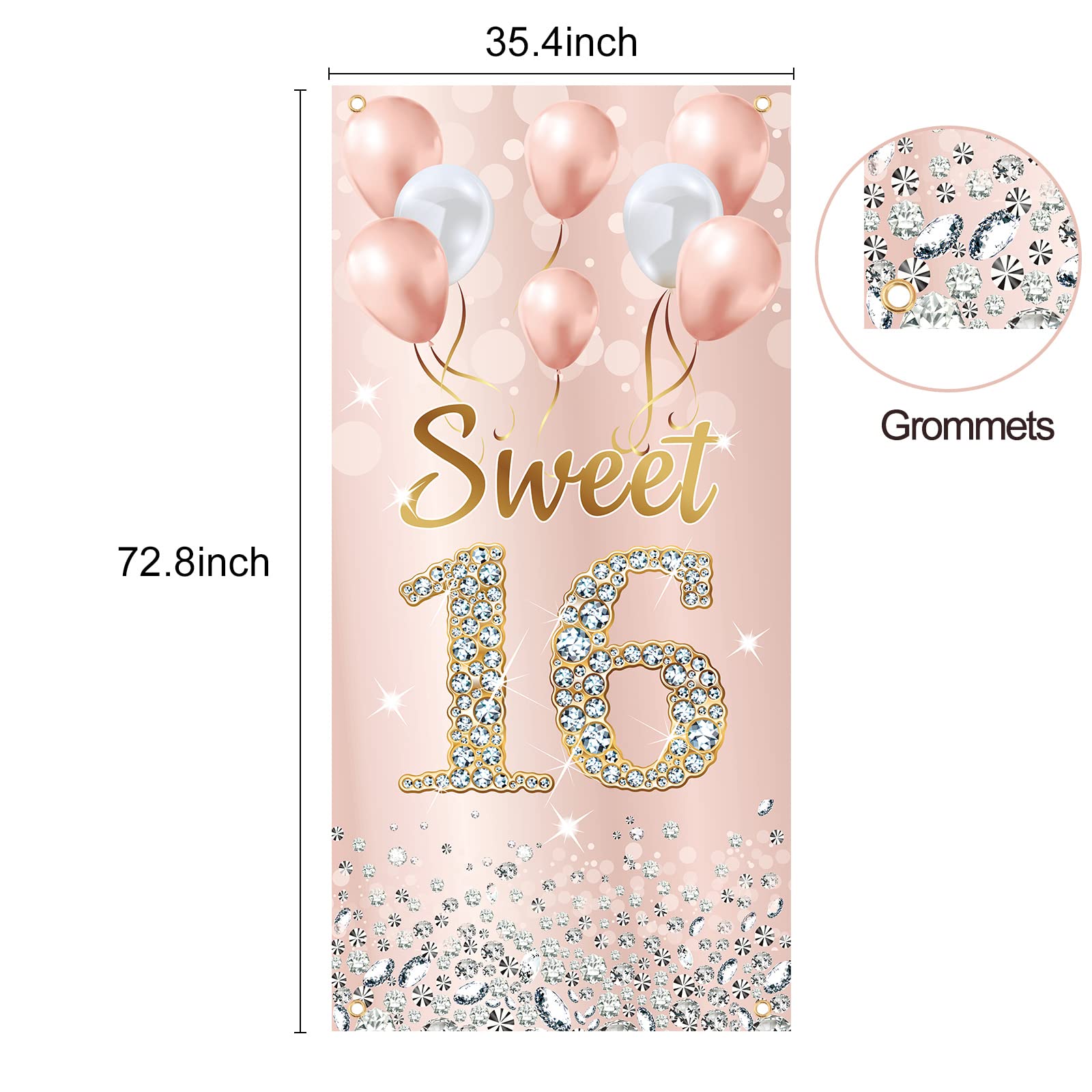 Sweet 16 Birthday Decorations for Girls - Pink Rose Gold Happy 16th Birthday Party Banner & Photo Booth Backdrop - Indoor/Outdoor Door Cover Supplies for Sweet Sixteen Celebrations, Photo Shoots & Birthday Parties