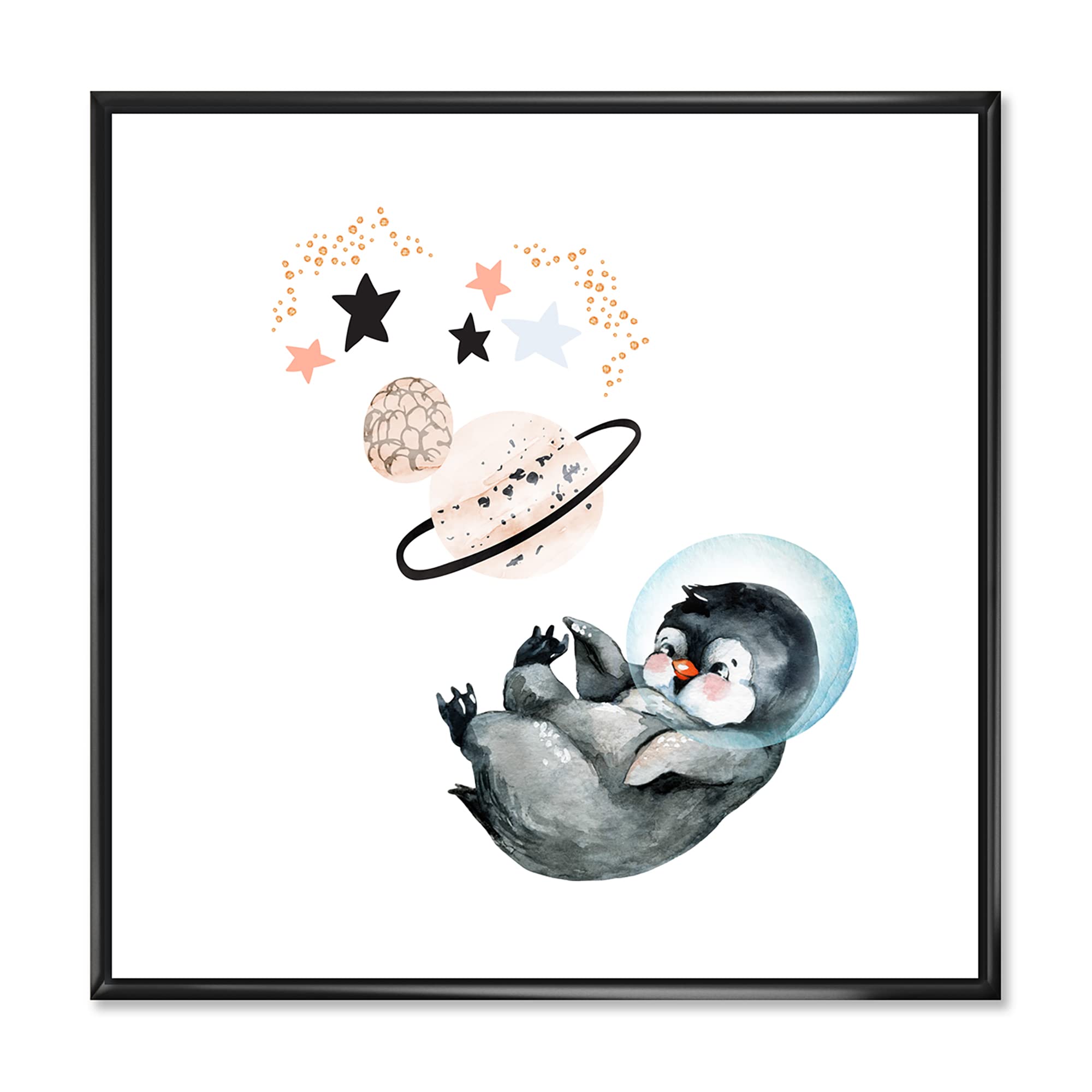Little Penguin with Stars and Planets Framed Canvas Wall Art - Nursery Decor, Kids Room Decor, Farmhouse Style Wall Print for Bedroom & Living Room