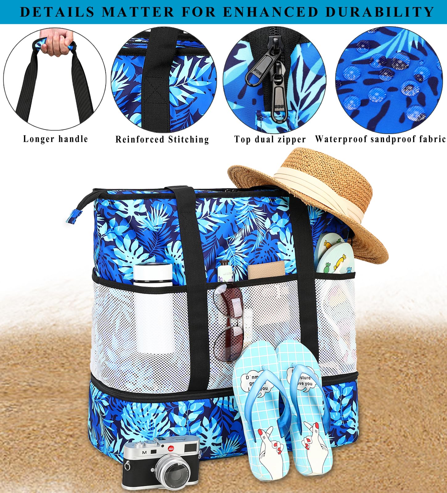 Waterproof Sandproof Beach Tote Bag with Built-in Cooler | Large Durable Beach Essentials Bag for Women | Perfect for Pool Parties, Vacations & Summer Outings