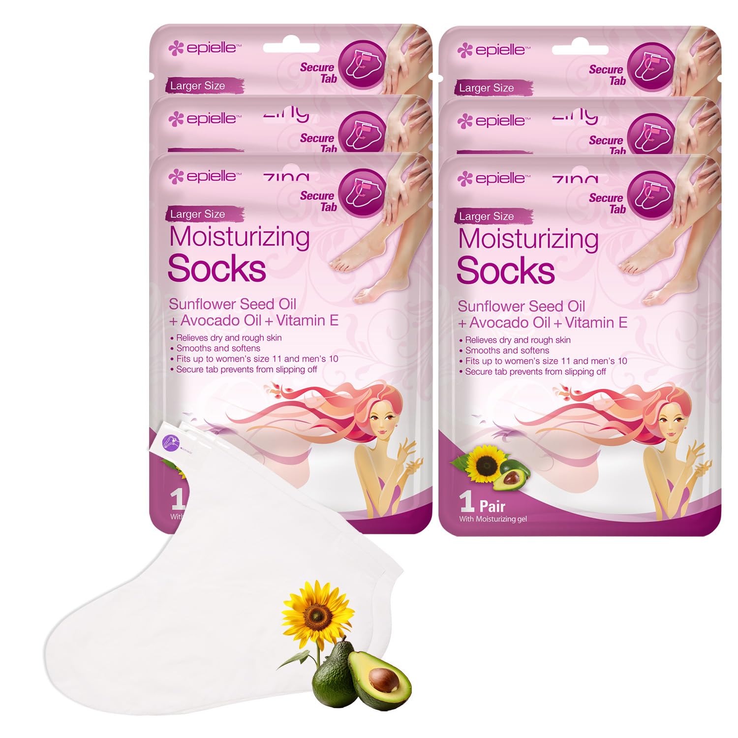 Epielle Moisturizing Foot Masks (6 Pairs) - Deep Hydration for Dry Cracked Heels & Calluses with Sunflower Seed Oil, Avocado Oil & Vitamin E | Spa Treatment at Home, Perfect Mother's Day & Easter Gift for Women