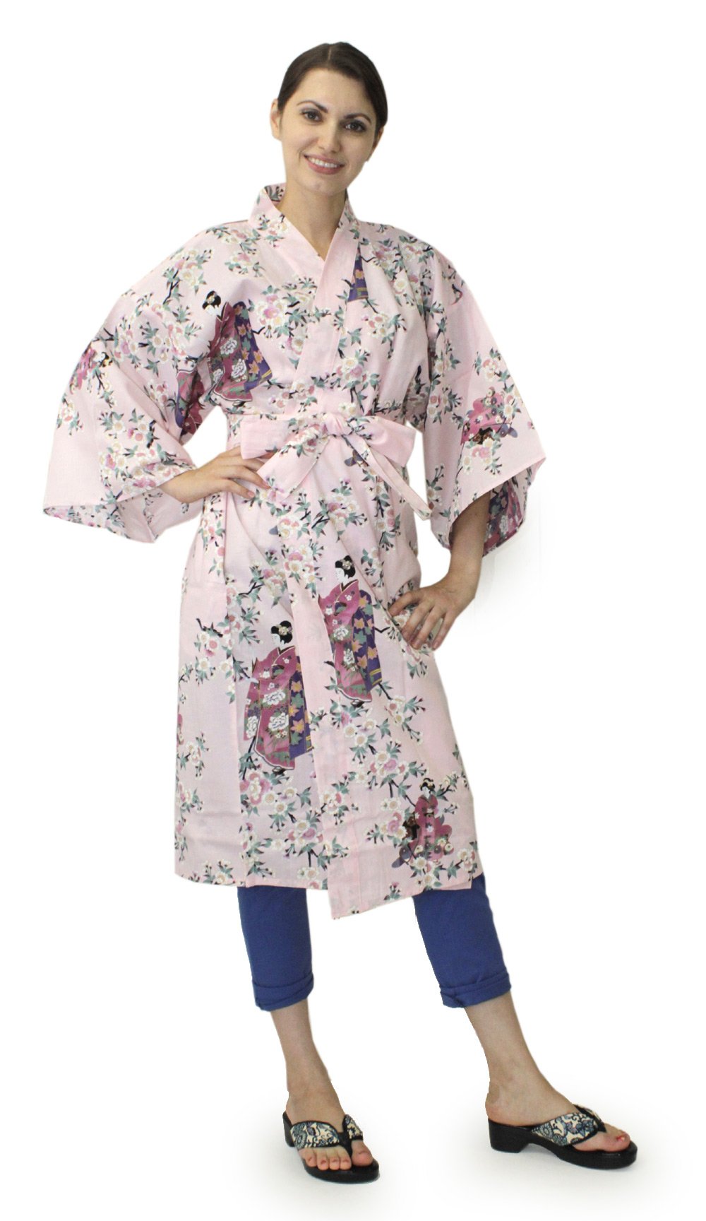 Japanese Kimono Robe for Women - Floral Cherry Blossom Cotton Bathrobe, Happi Coat Dress & Cardigan (Pink) - Perfect for Spa, Yoga, Loungewear & Asian-Themed Parties