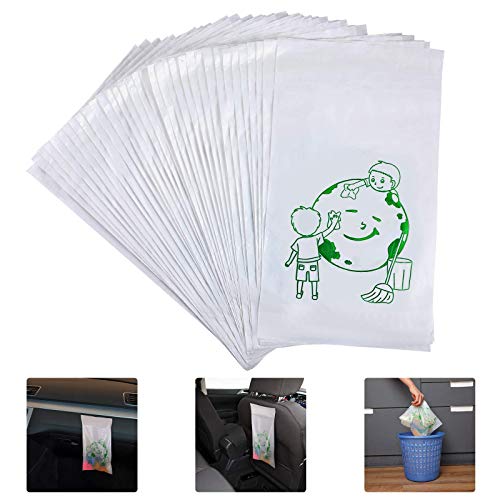Self-Adhesive Disposable Car Trash Bags - 60 Pack Leakproof Vomit & Garbage Bags (11.4x8.2 Inch) for Vehicles, Kitchen, Bedroom, Kids Room & Office - Cute White Cartoon Design | Perfect for Road Trips, Travel & Daily Organization