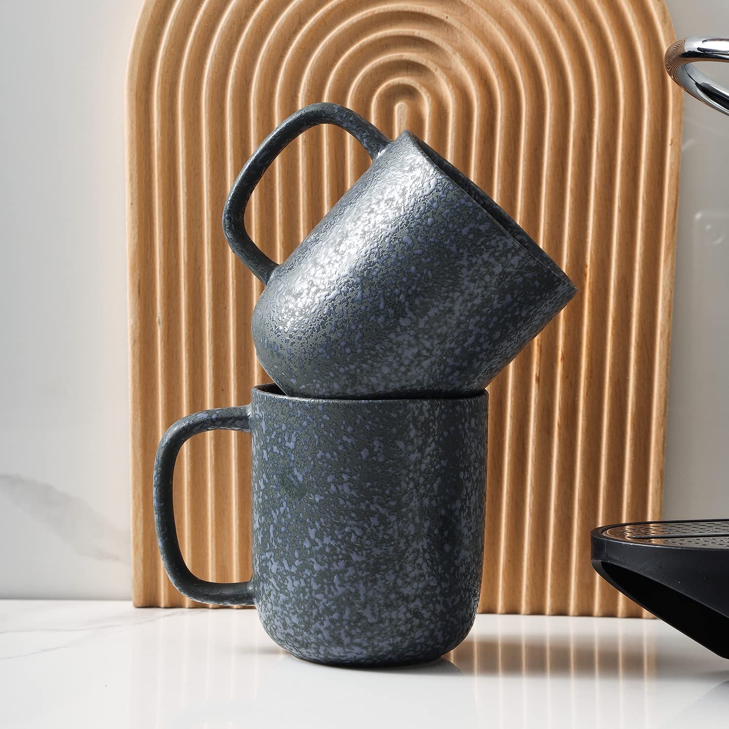 Premium Stone Lain Stoneware Dish Set - 4 Durable Coffee Mugs in Elegant Gray & Blue - Perfect for Home, Office & Restaurant Use