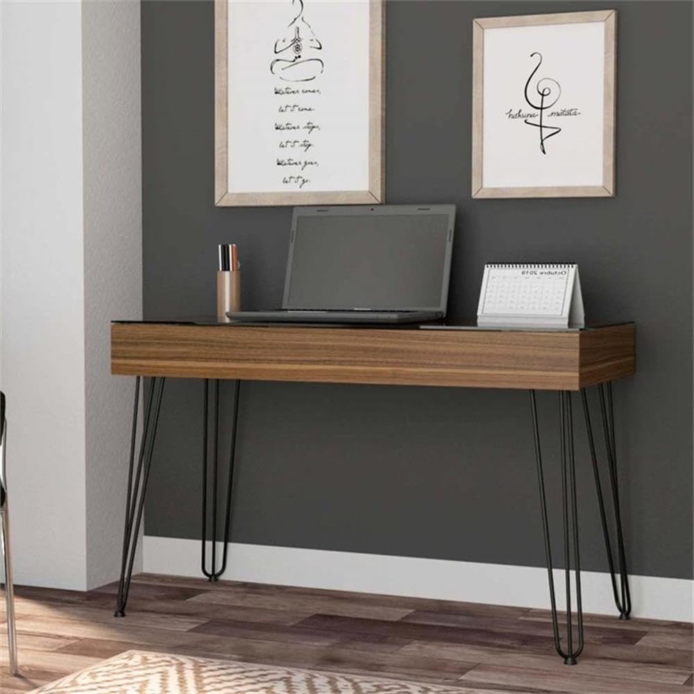 Modern Wood Desk with Abstract Steel Legs - Mahogany Finish Home Office Desk for Study, Work & Conference Room - Stylish & Durable Writing Table for Professionals & Students