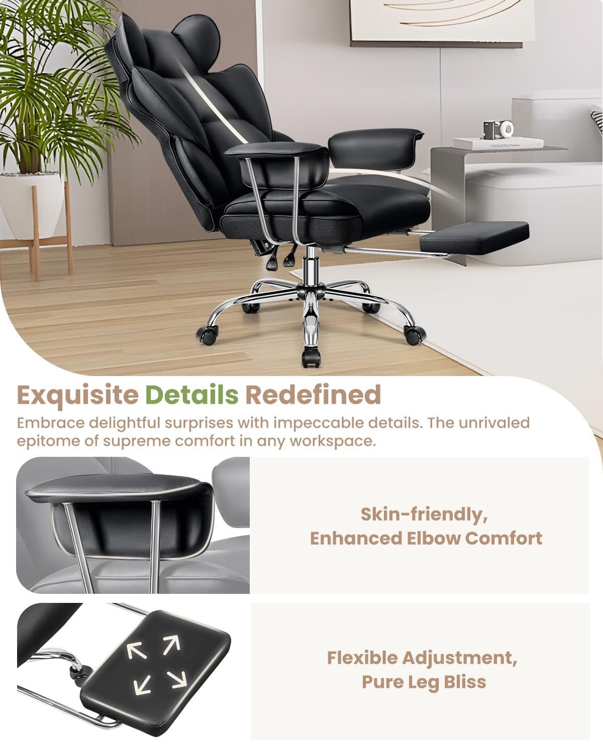 Big and Tall Executive Office Chair with Footrest - Ergonomic Leather Computer Chair, High Back Reclining with Lumbar Support - Large Home Office Desk Chair for Comfortable Working (Black) - Perfect for Home Office, Gaming, and Long Work Sessions