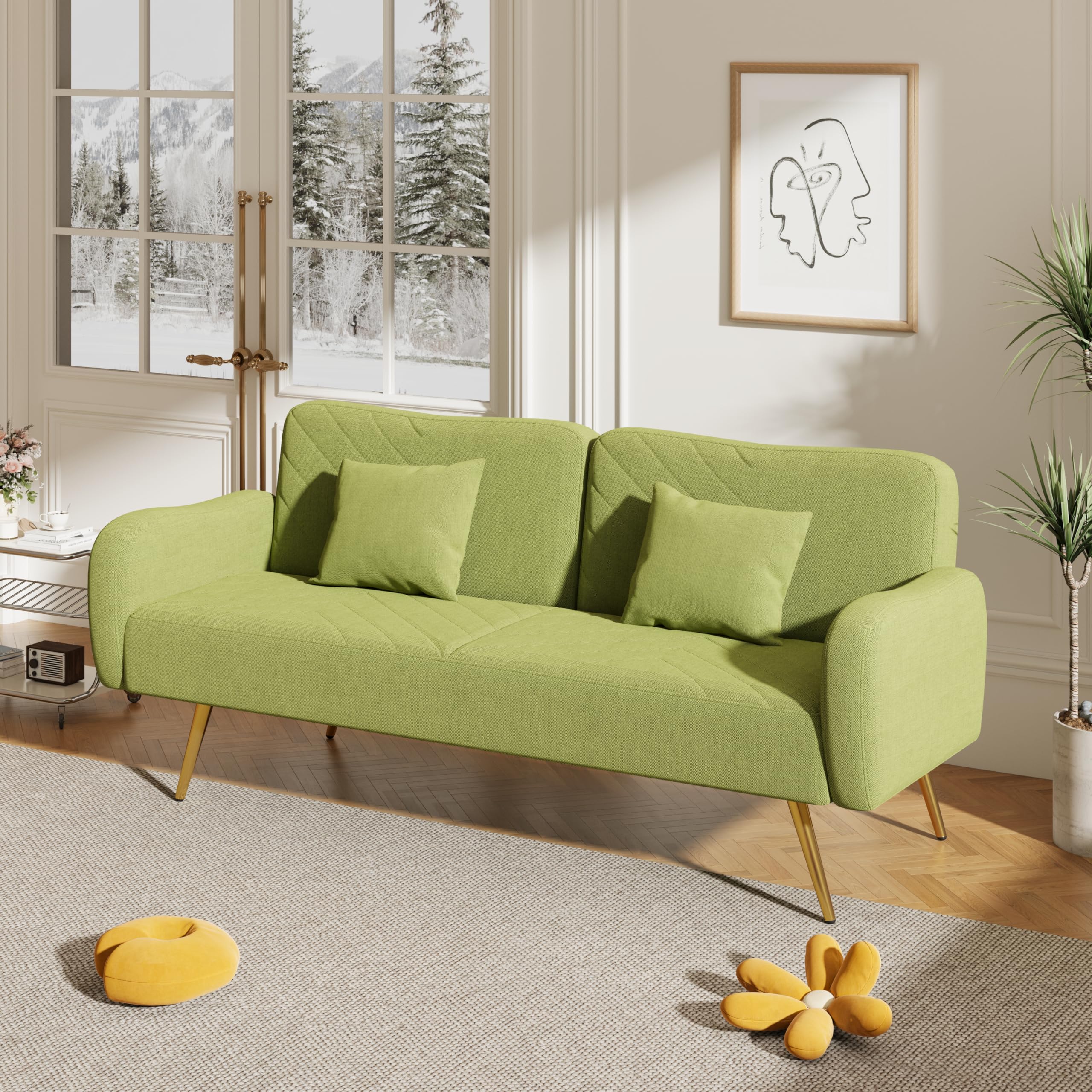 P PURLOVE Modern Convertible Sofa Bed with Adjustable Backrest & Armrests - 2 Throw Pillows Included - Upholstered Sleeper Sofa for Living Room, Bedroom, Office (Green) - Perfect for Small Spaces, Guest Rooms & Studio Apartments