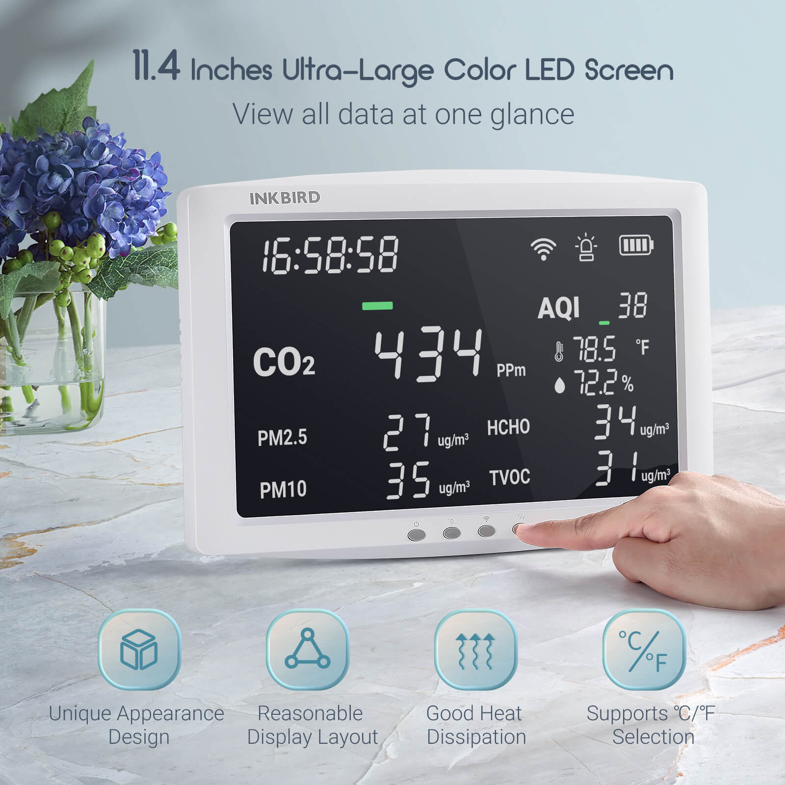 8-in-1 Wireless Air Quality Monitor IAQM 128W - Indoor Air Pollution Detector for Home, Office & Baby Room - Measures PM2.5, CO2, Temperature & Humidity