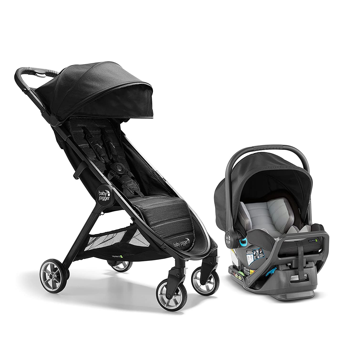 Baby Jogger Tour2 Travel System - Lightweight Stroller & Car Seat Combo in Pitch Black | Perfect for Newborns, Infants & Toddlers | Ideal for City Walks, Shopping & Travel