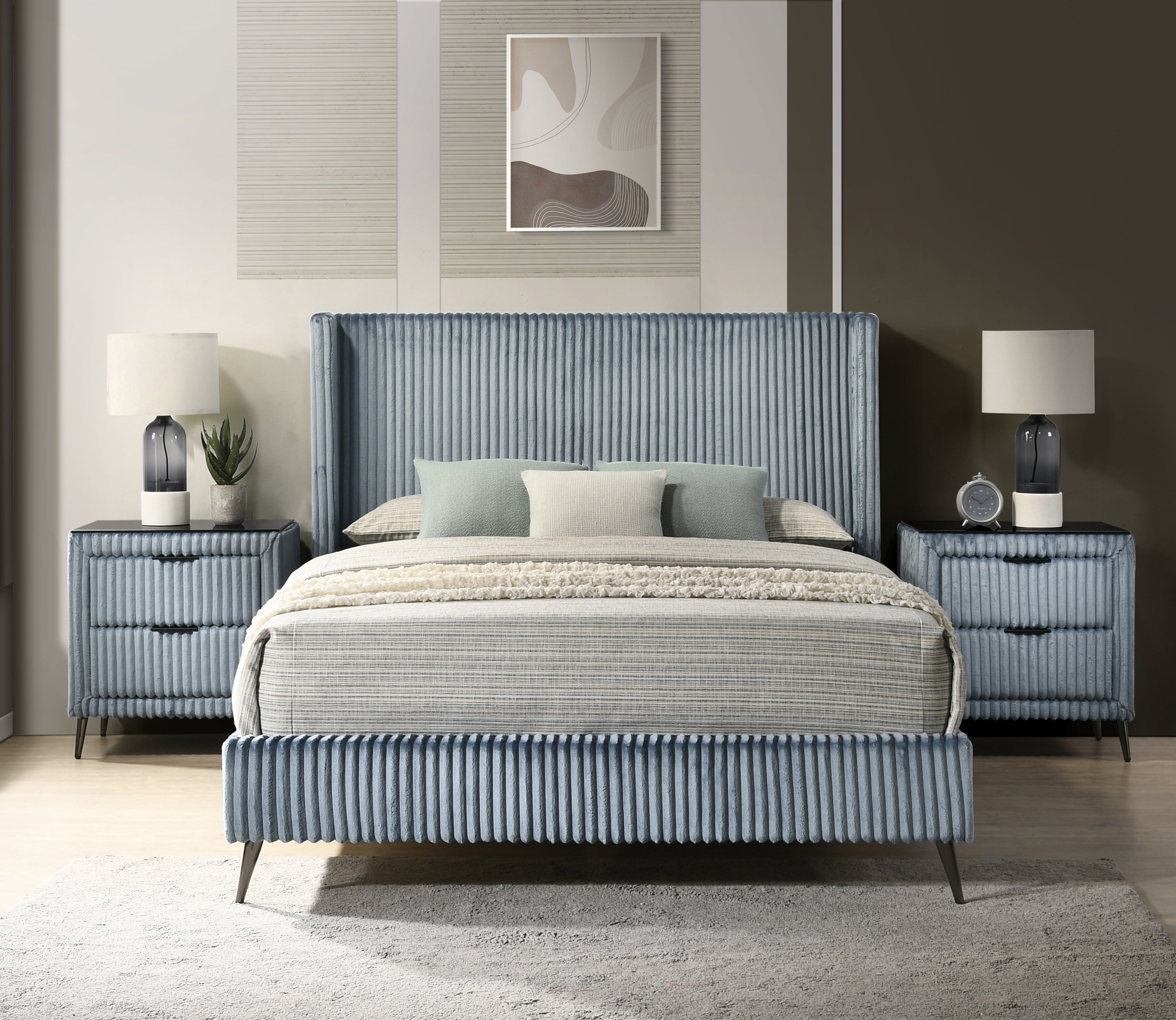 Roundhill Furniture Mavela Wide Wale Corduroy Upholstered Panel Bed with 2 Nightstands - Luxurious Bedroom Set for Modern Home Decor & Cozy Sleeping Experience